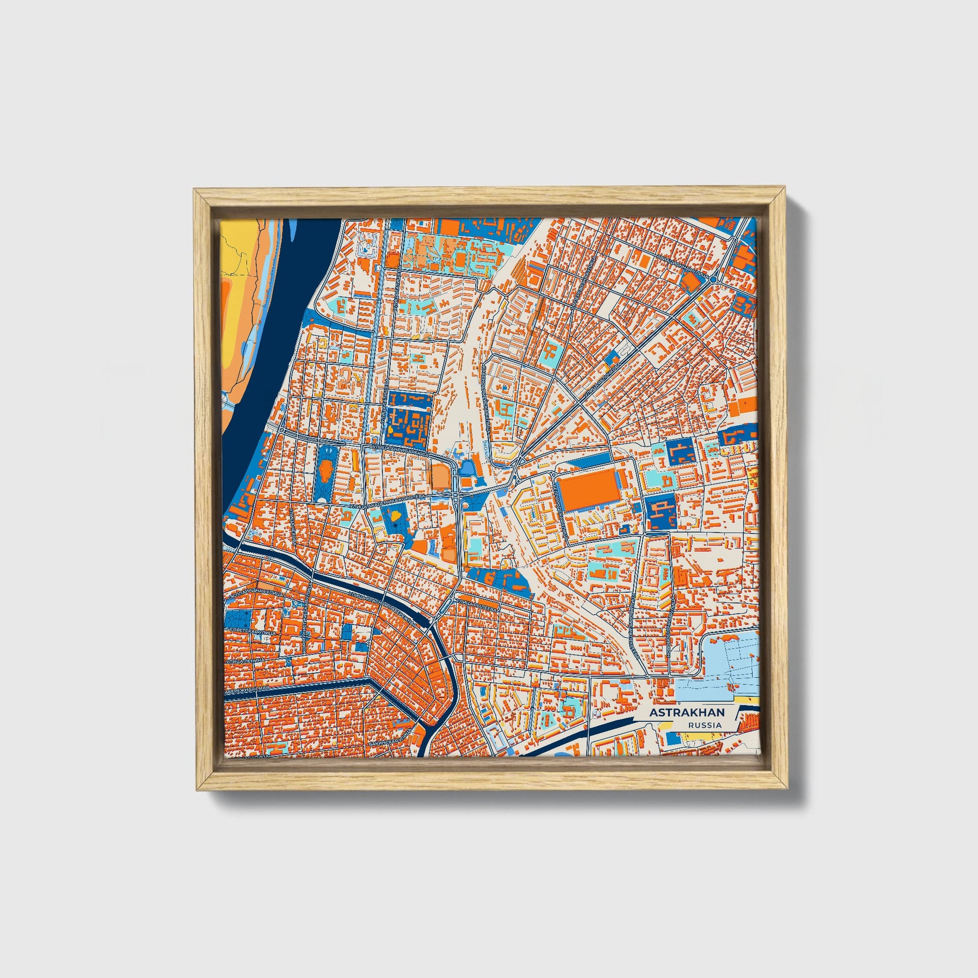 Астрахань Russia Colorful City Map Canvas Print • Natural Wooden Framed