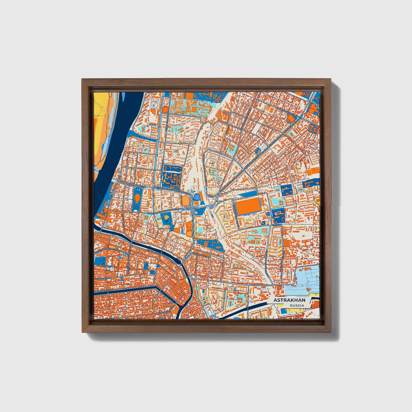 Астрахань Russia Colorful City Map Canvas Print • Dark Wooden Framed