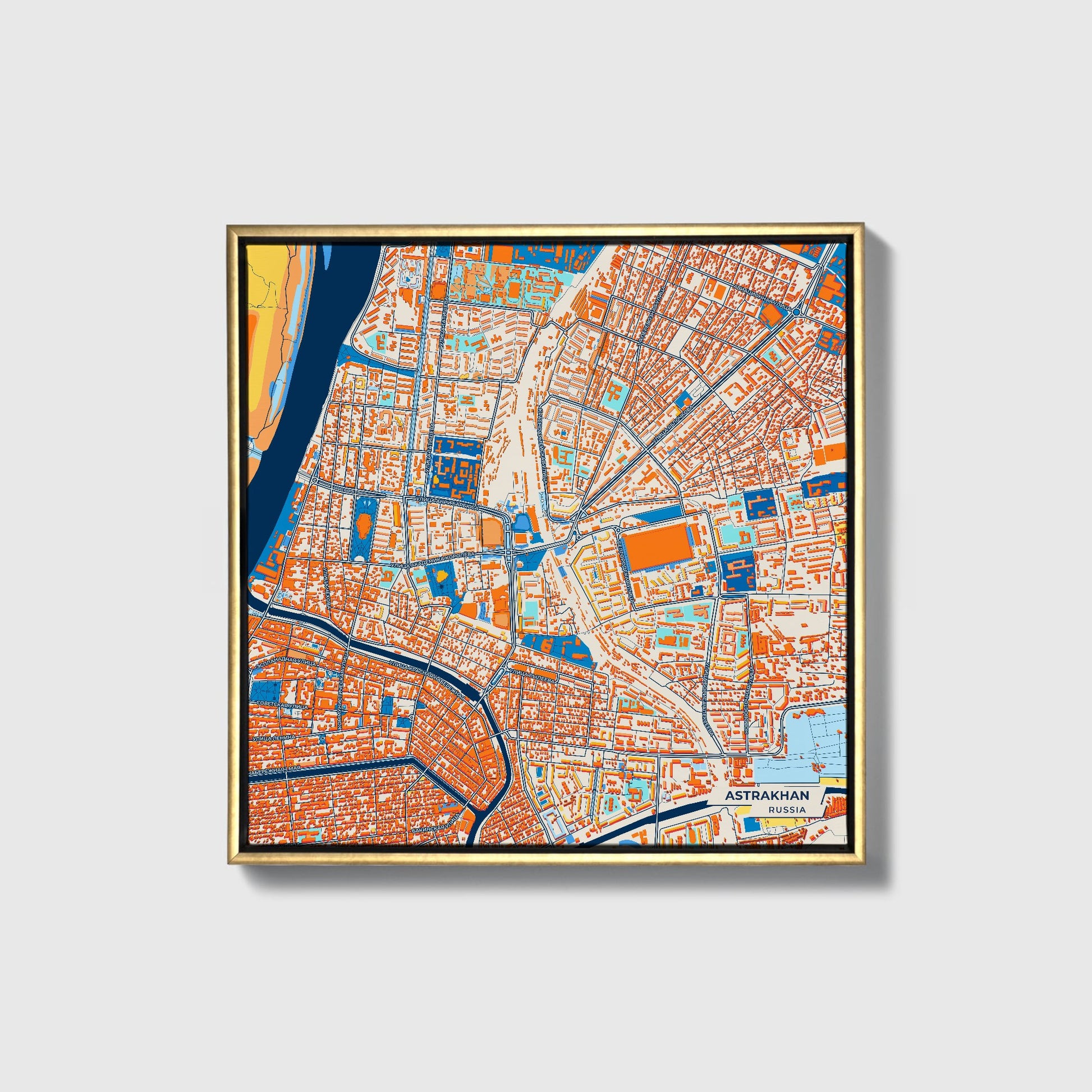 Астрахань Russia Colorful City Map Canvas Print • Gold Framed