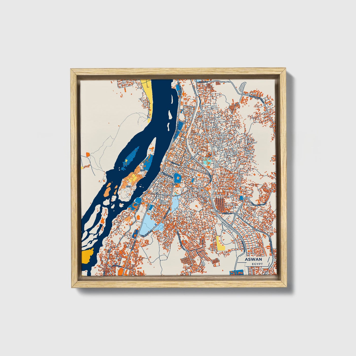Aswan Egypt Colorful City Map Canvas Print • Natural Wooden Framed
