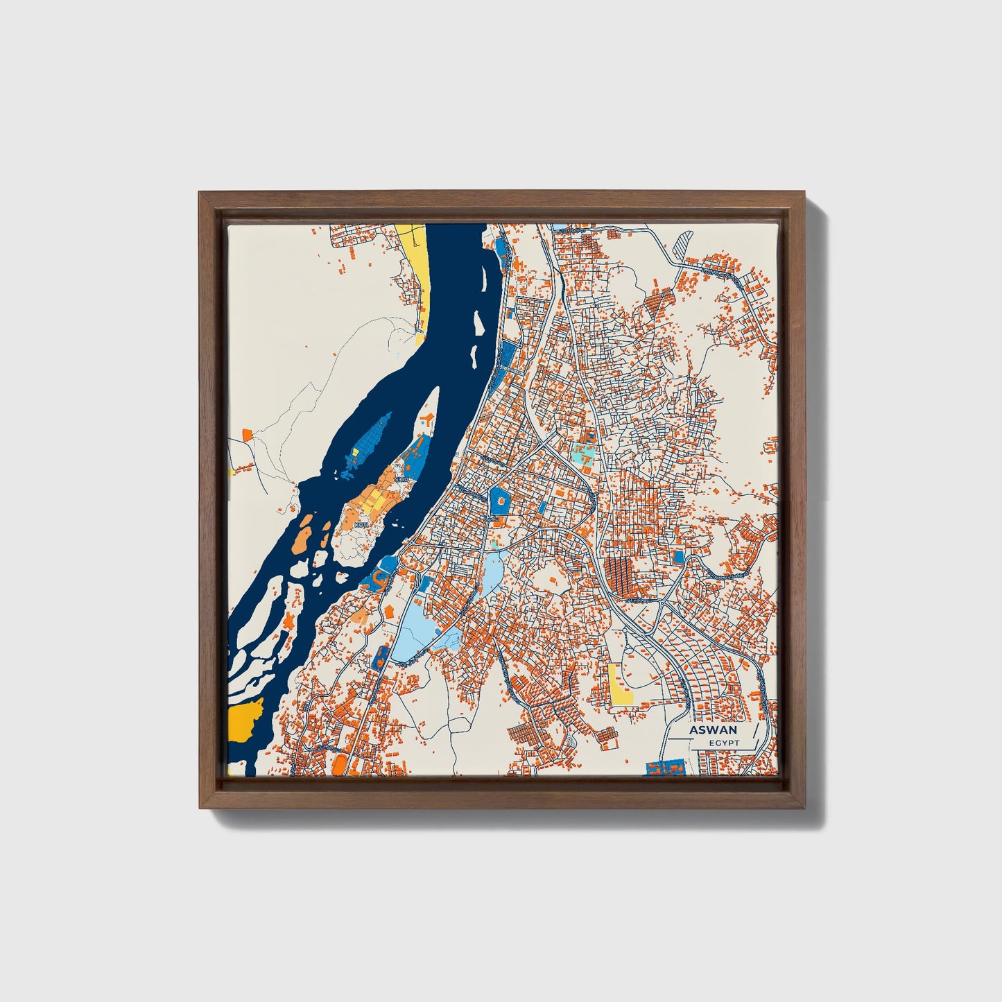 Aswan Egypt Colorful City Map Canvas Print • Dark Wooden Framed
