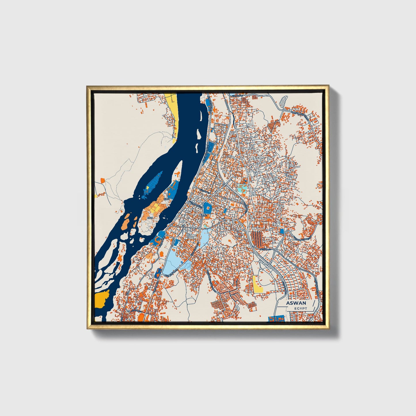 Aswan Egypt Colorful City Map Canvas Print • Gold Framed