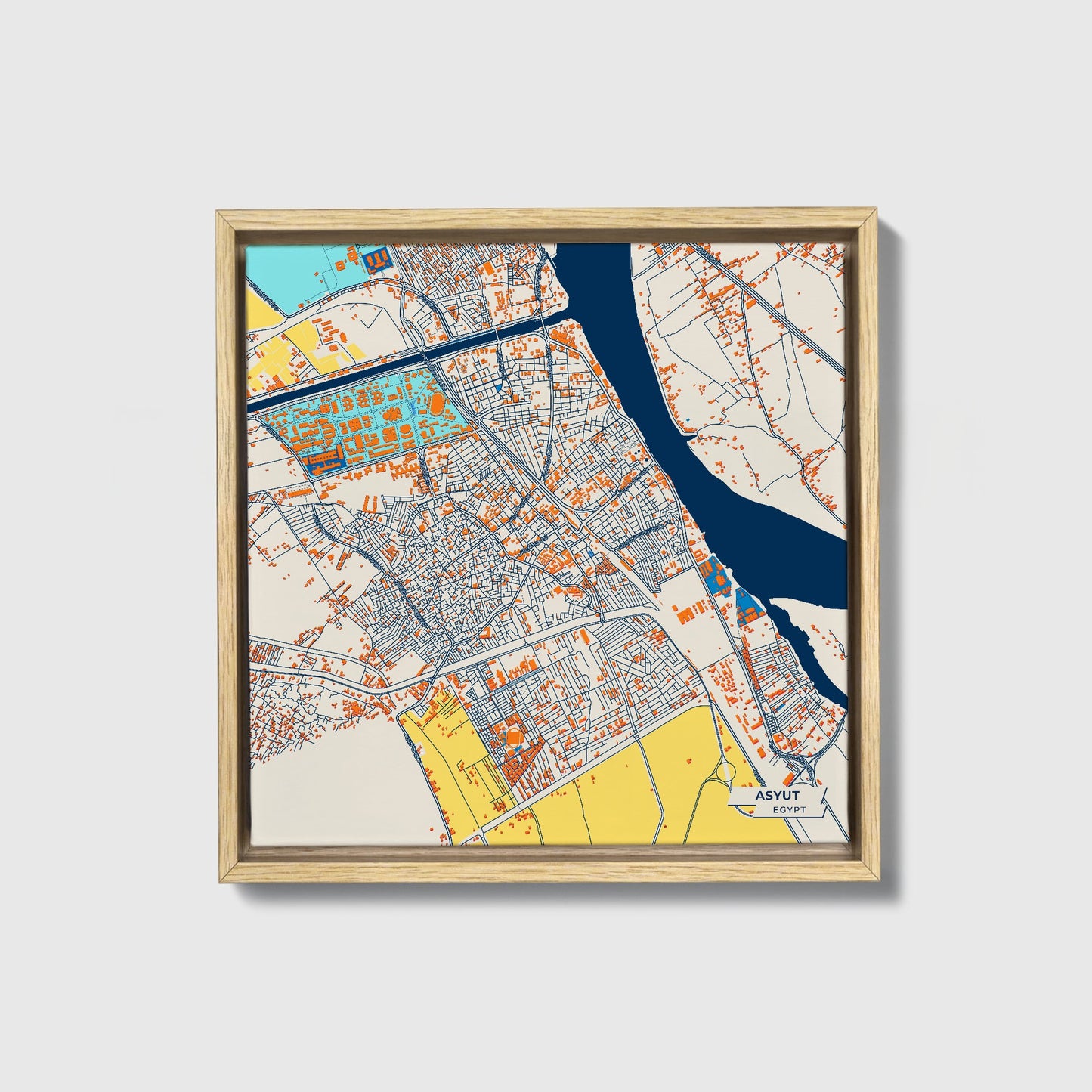 Asyut Egypt Colorful City Map Canvas Print • Natural Wooden Framed