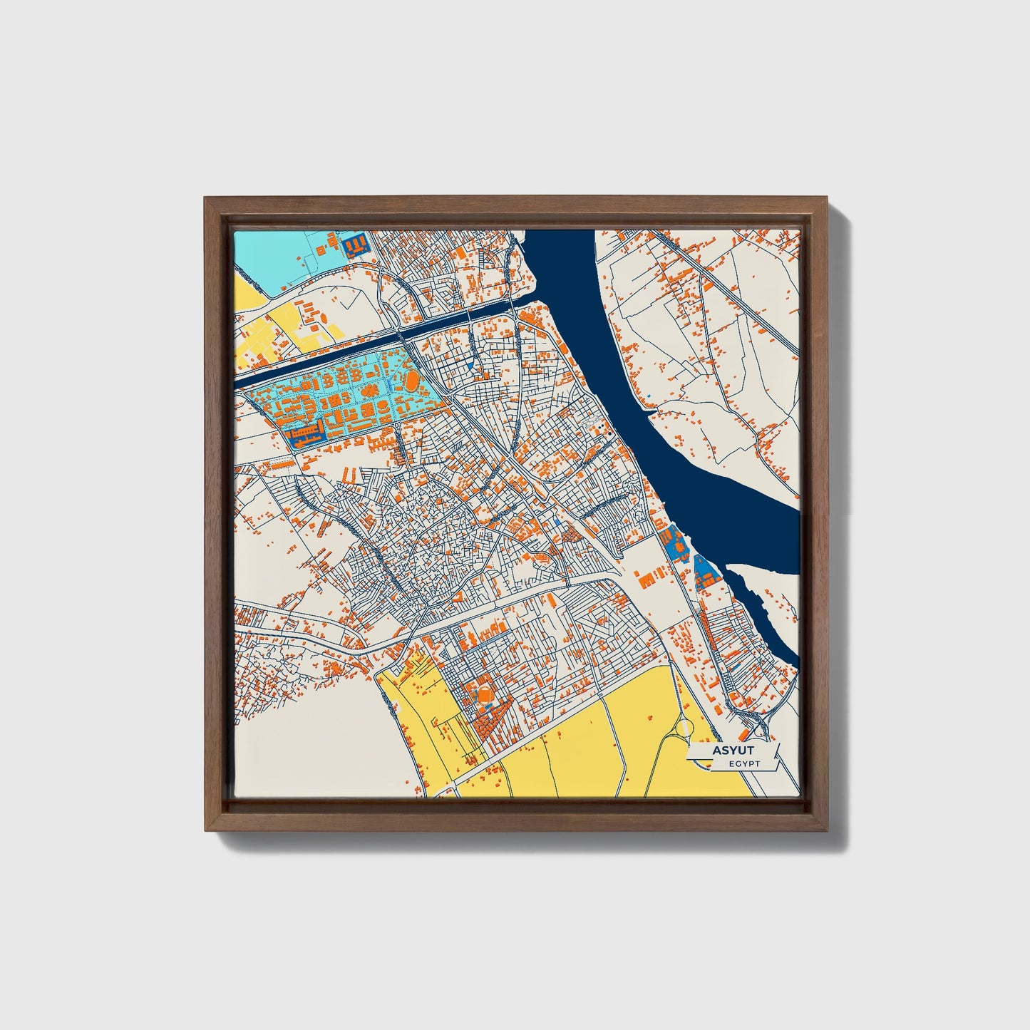 Asyut Egypt Colorful City Map Canvas Print • Dark Wooden Framed