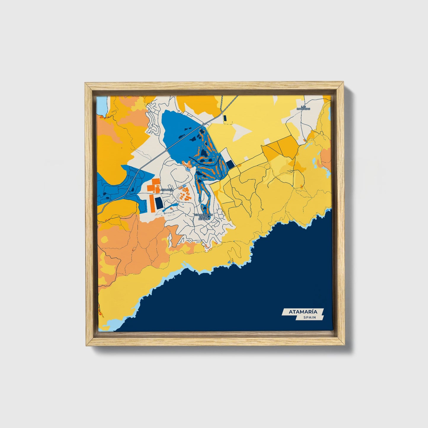 Atamaría Spain Colorful City Map Canvas Print • Natural Wooden Framed