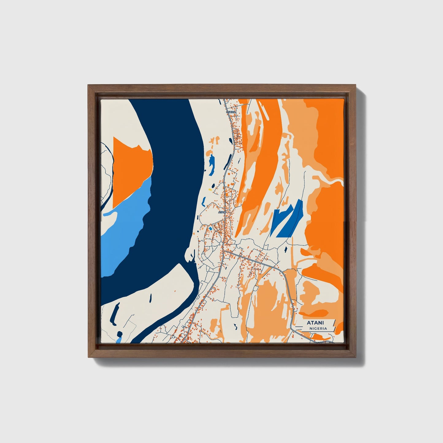 Atani Nigeria Colorful City Map Canvas Print • Dark Wooden Framed