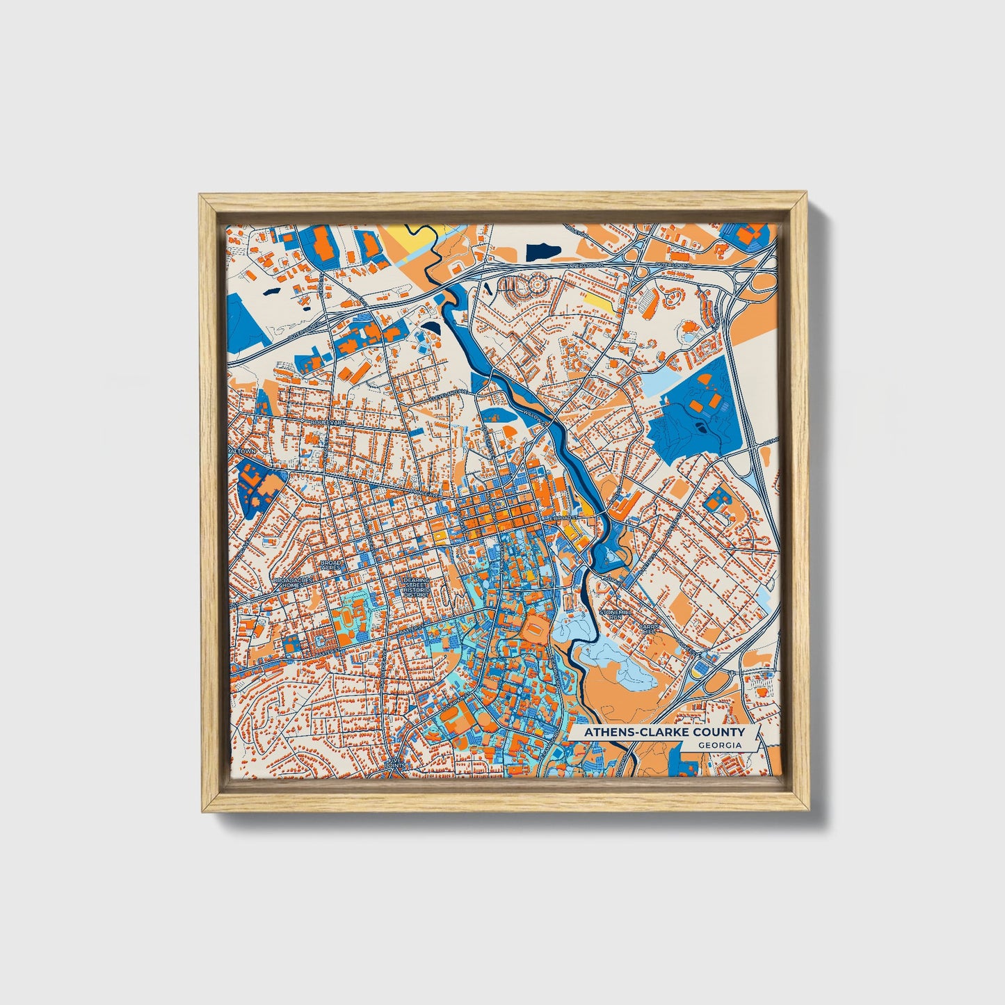 Athens-Clarke County Georgia Colorful City Map Canvas Print • Natural Wooden Framed