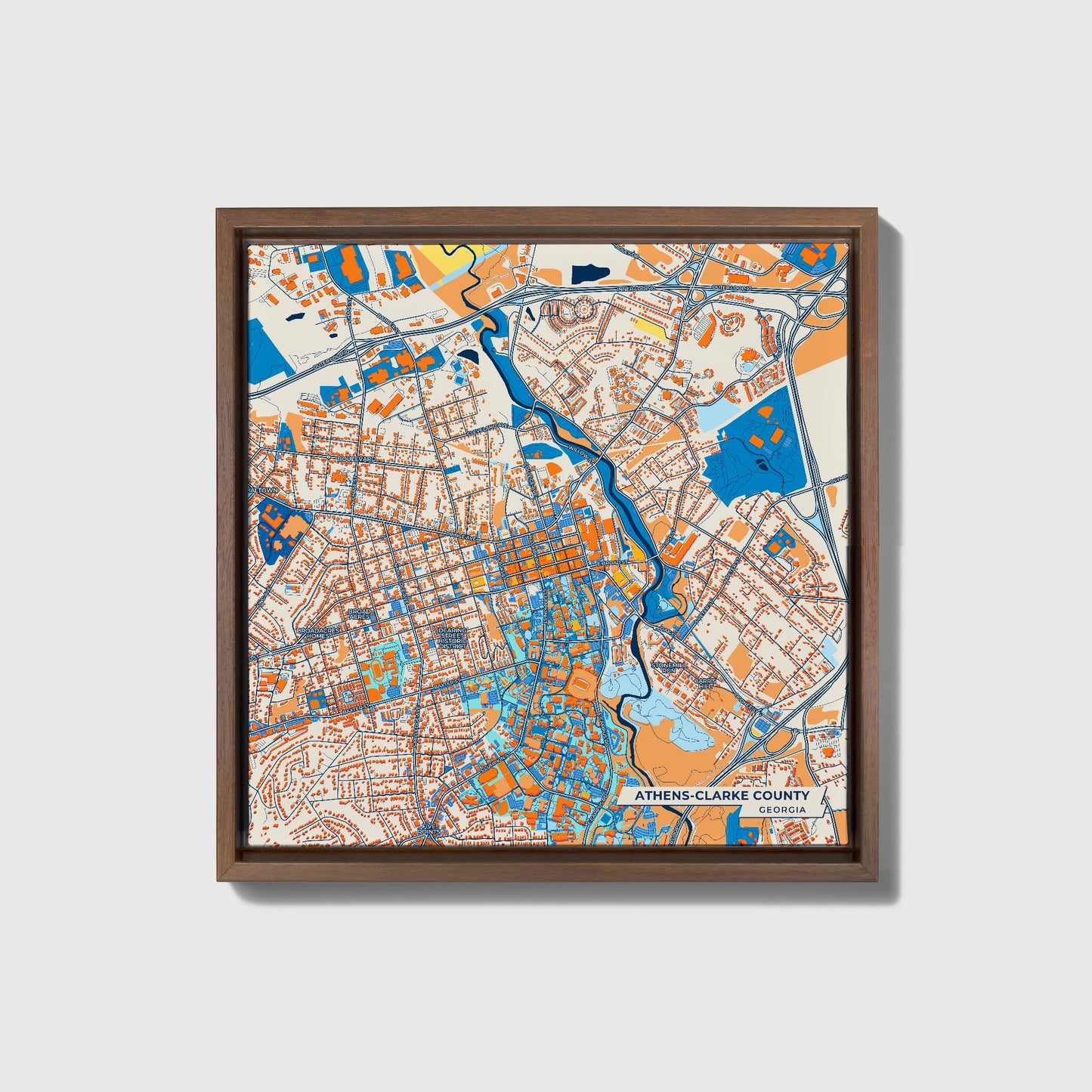 Athens-Clarke County Georgia Colorful City Map Canvas Print • Dark Wooden Framed