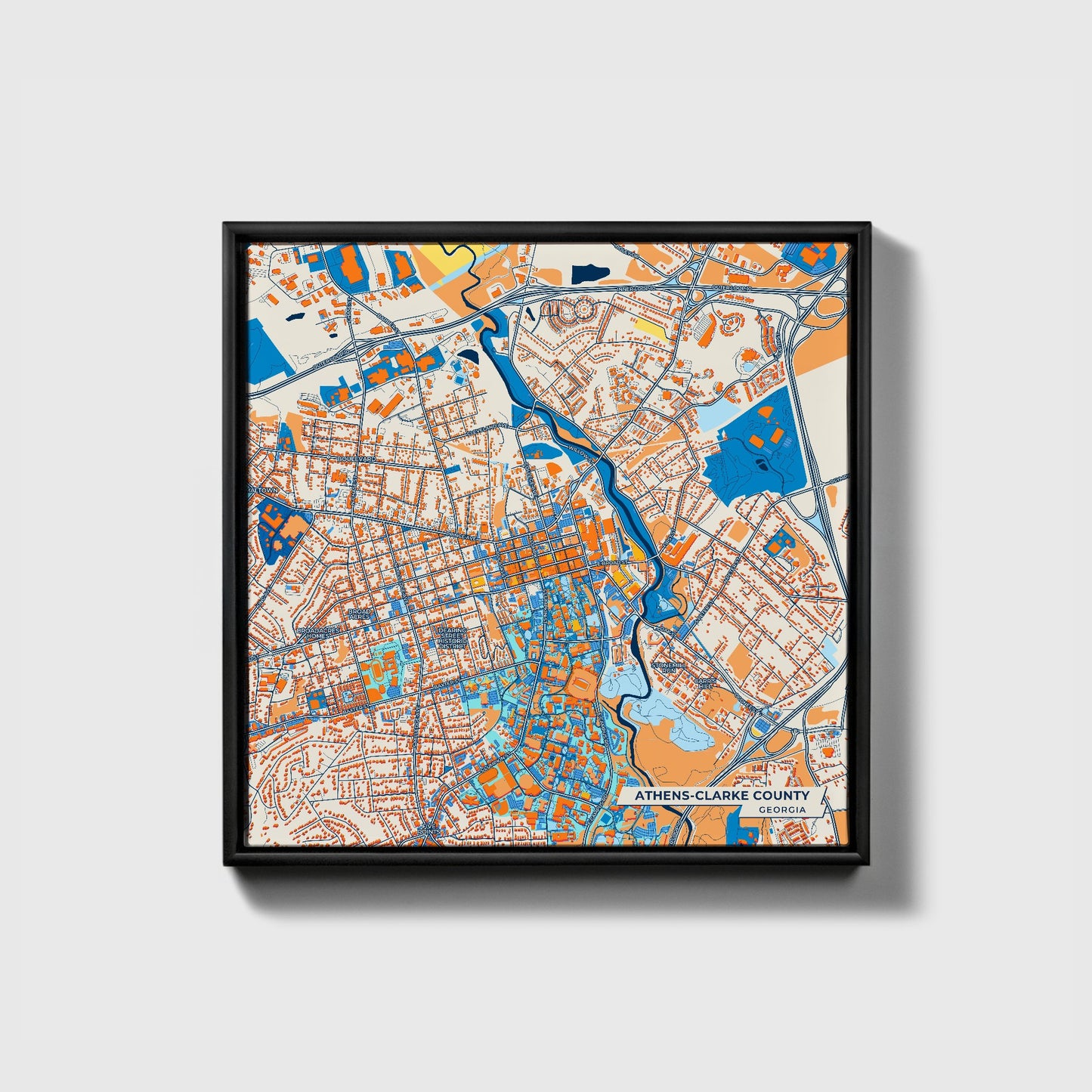 Athens-Clarke County Georgia Colorful City Map Canvas Print • Black Framed