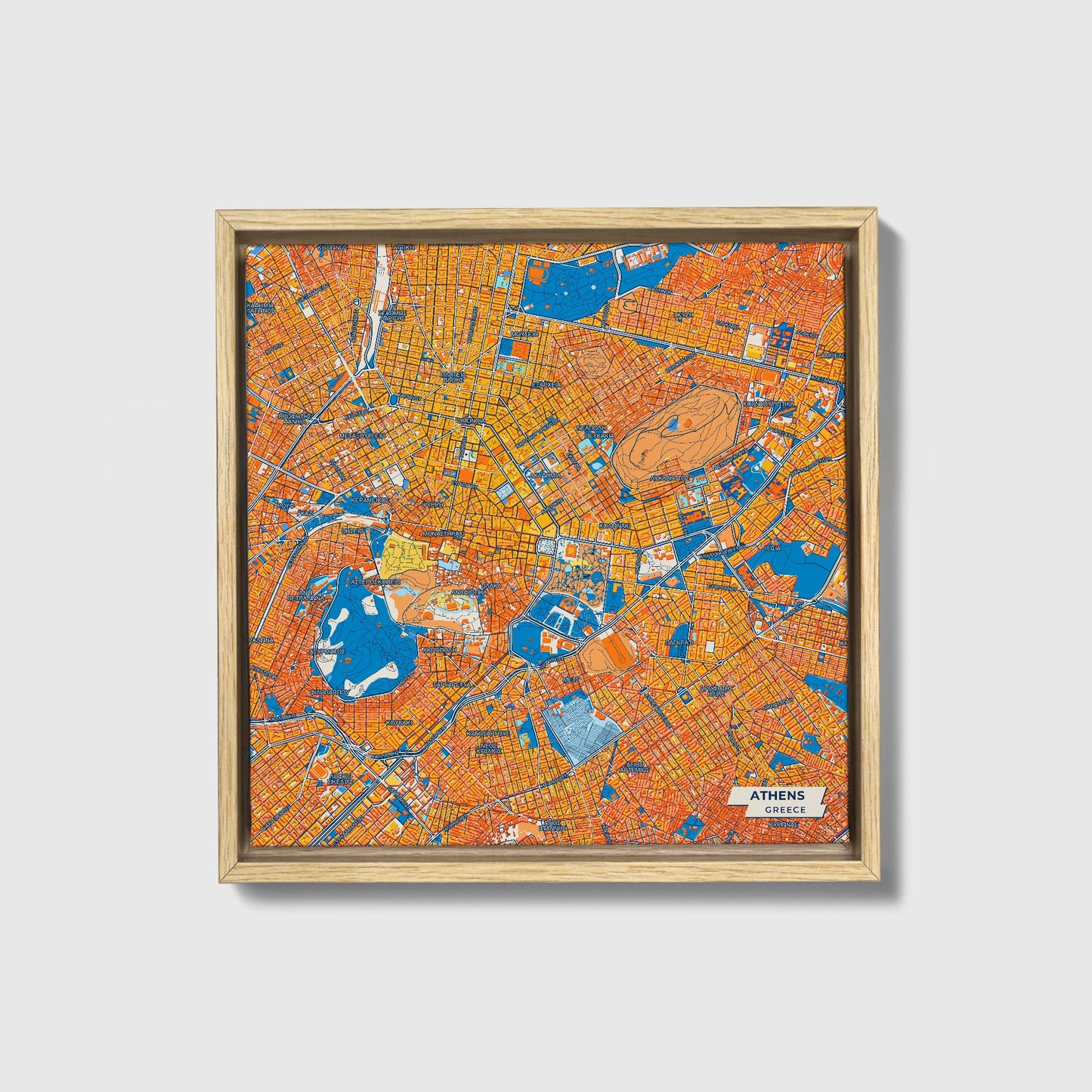 Αθηνα Greece Colorful City Map Canvas Print • Natural Wooden Framed