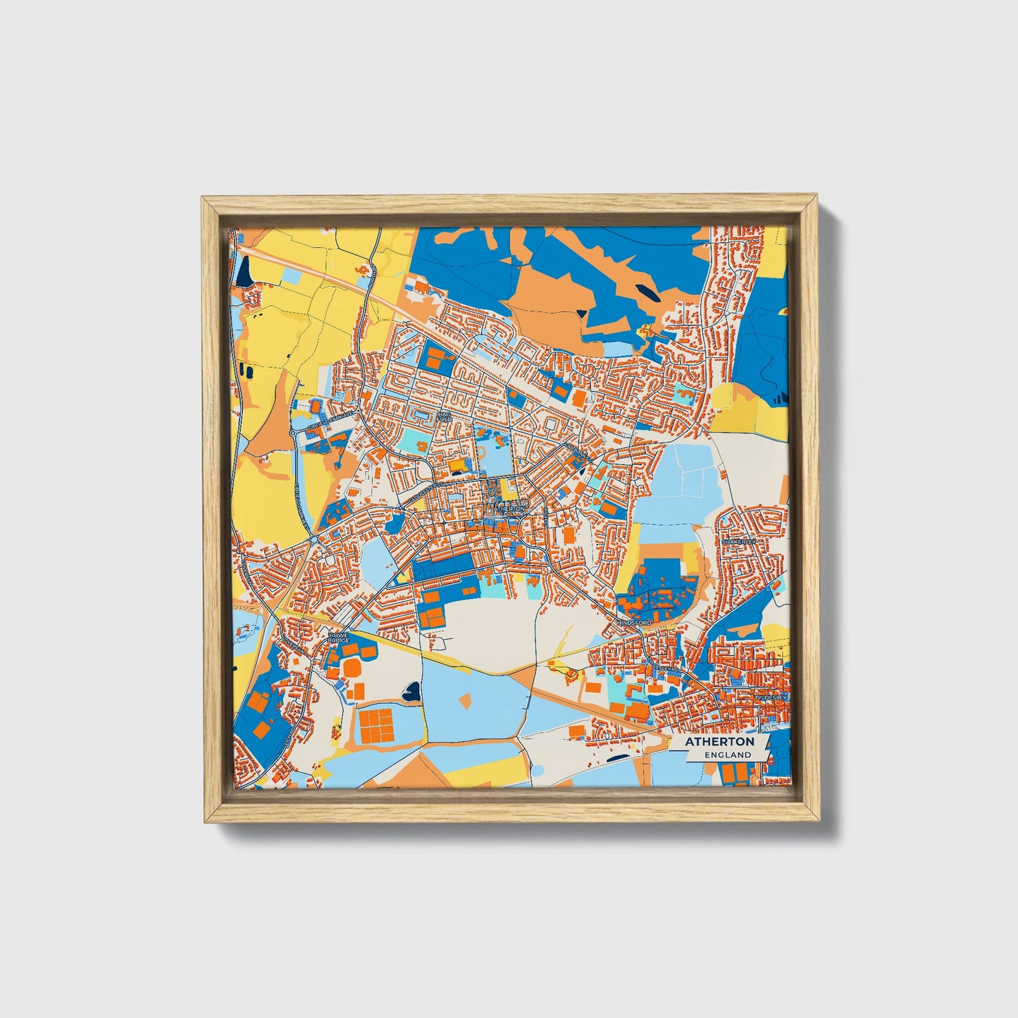 Atherton England Colorful City Map Canvas Print • Natural Wooden Framed