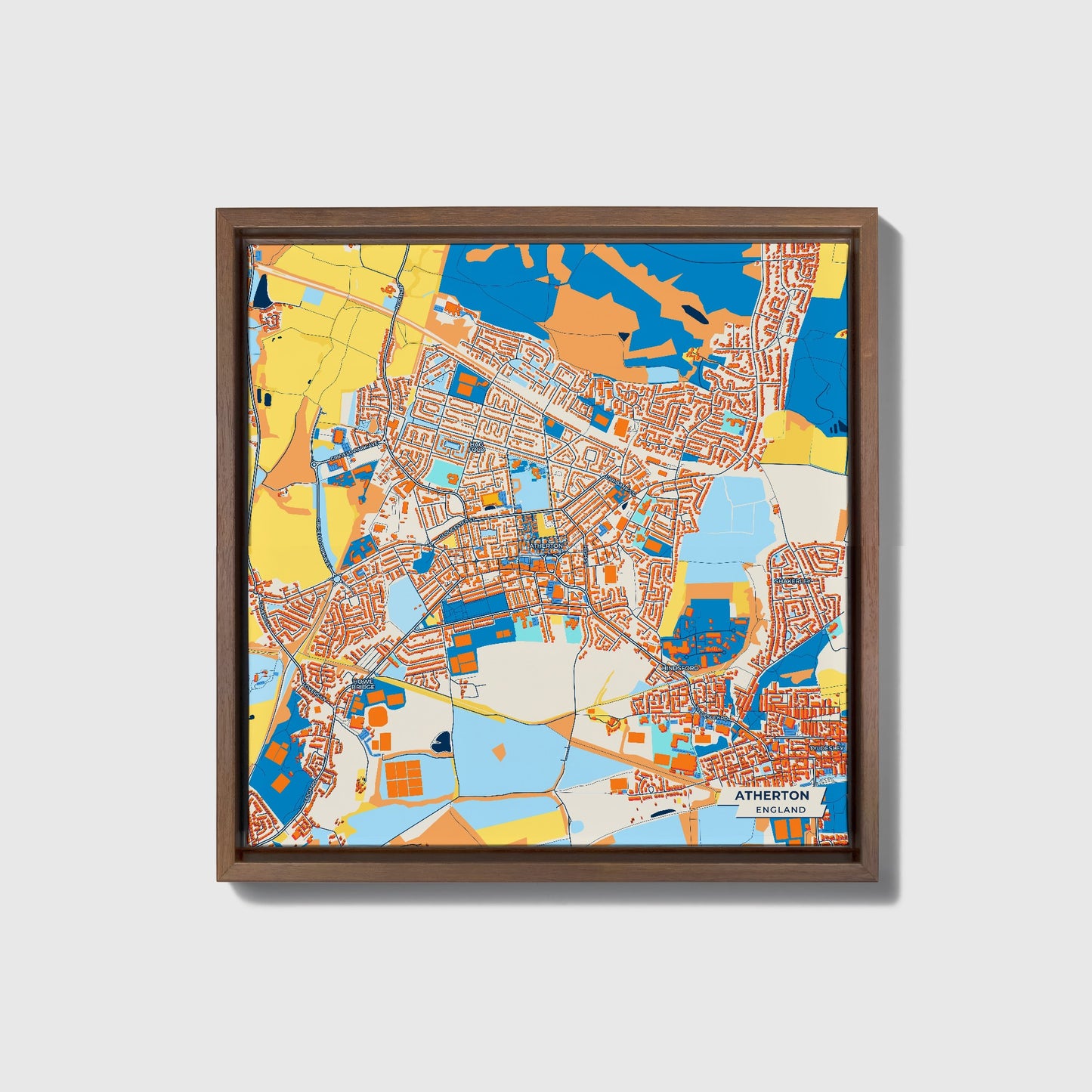 Atherton England Colorful City Map Canvas Print • Dark Wooden Framed