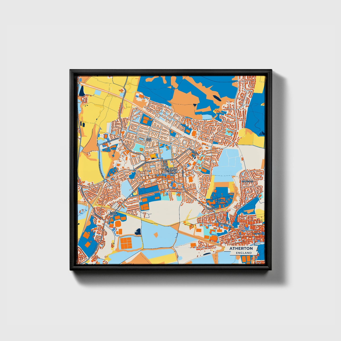 Atherton England Colorful City Map Canvas Print • Black Framed