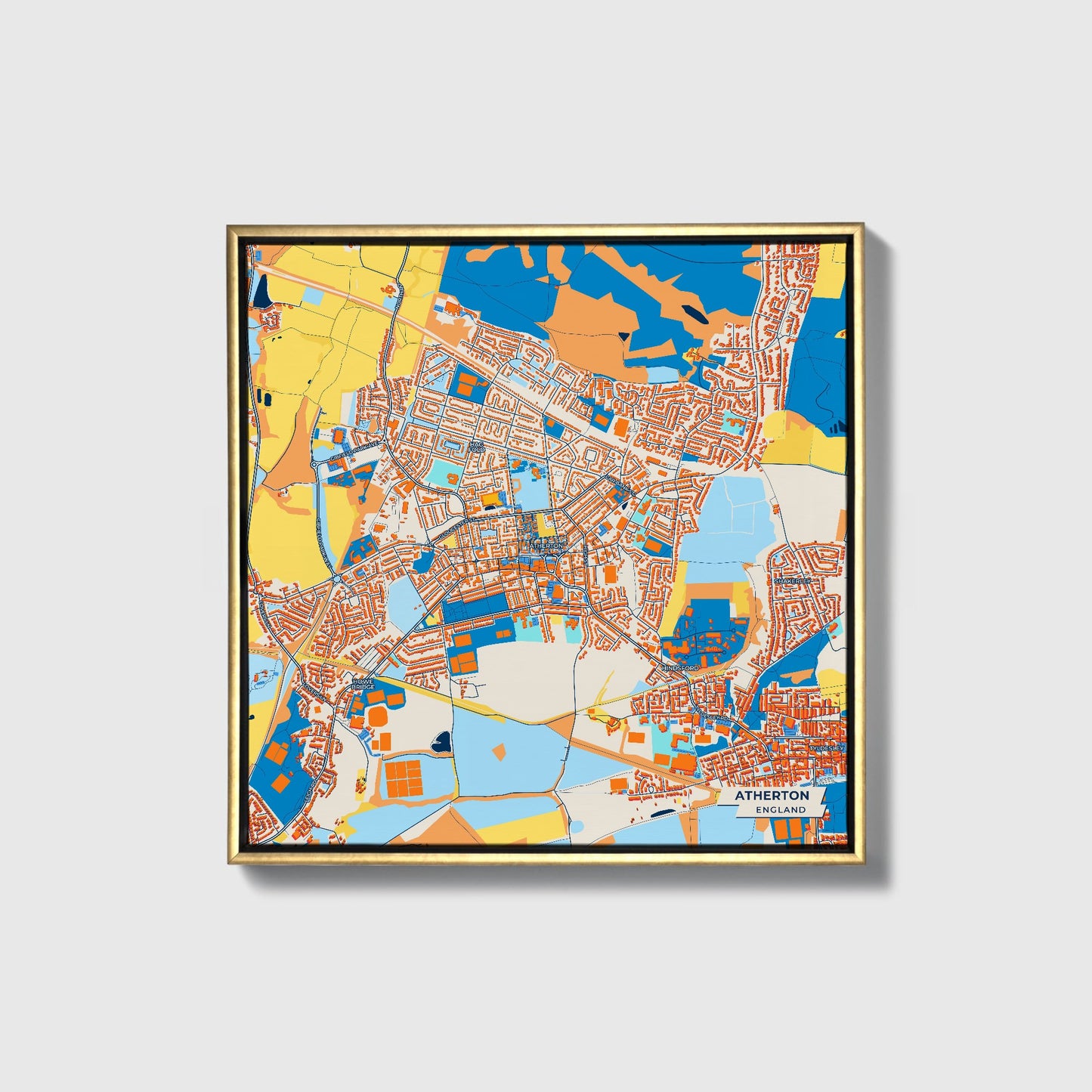 Atherton England Colorful City Map Canvas Print • Gold Framed