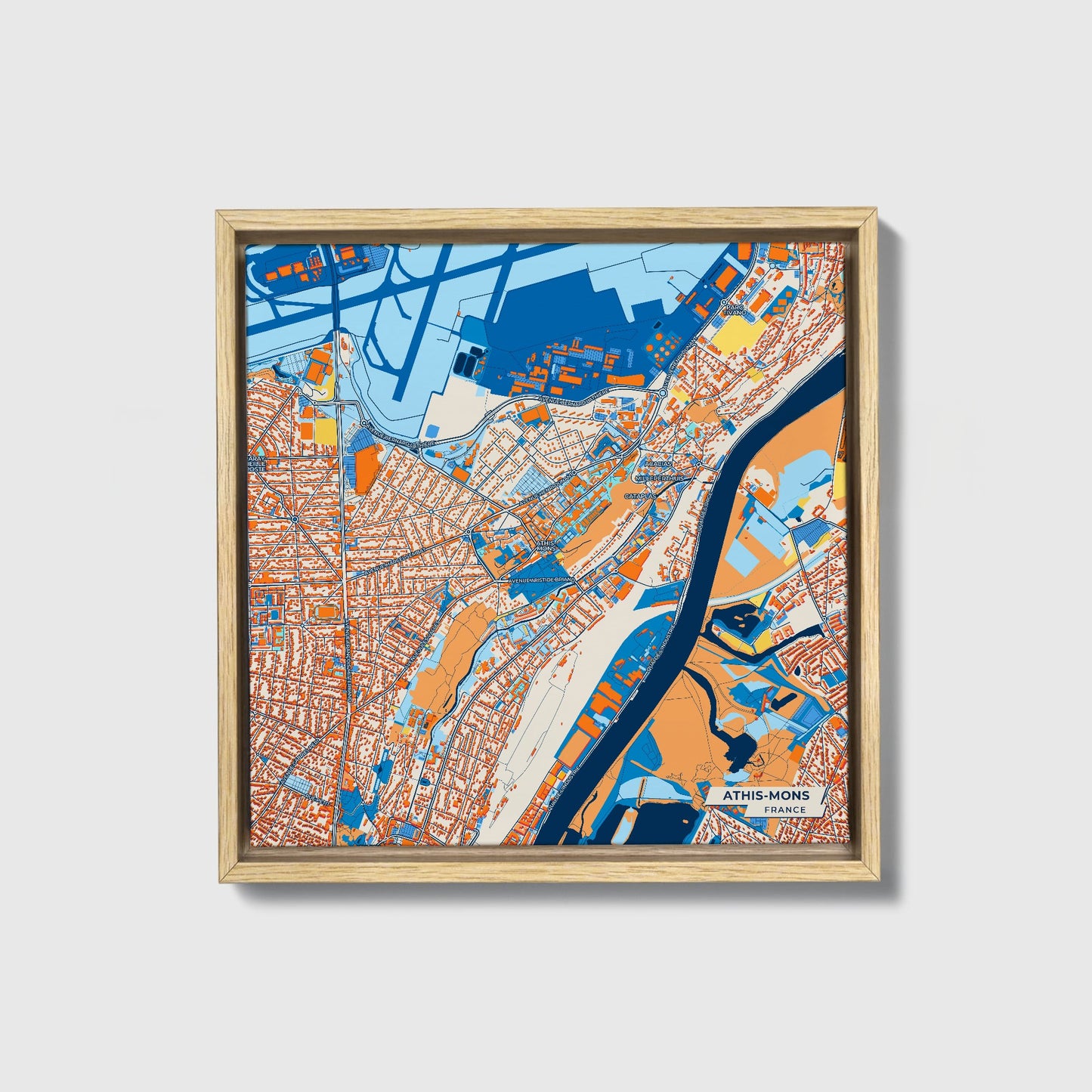 Athis-Mons France Colorful City Map Canvas Print • Natural Wooden Framed