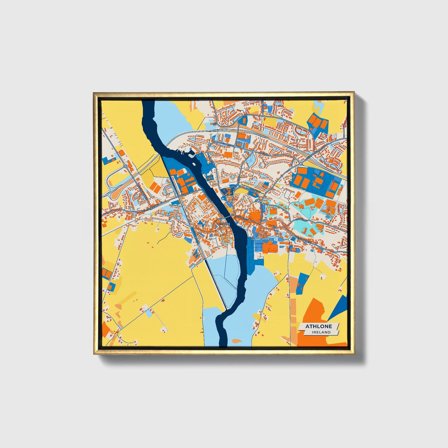 Athlone Ireland Colorful City Map Canvas Print • Gold Framed