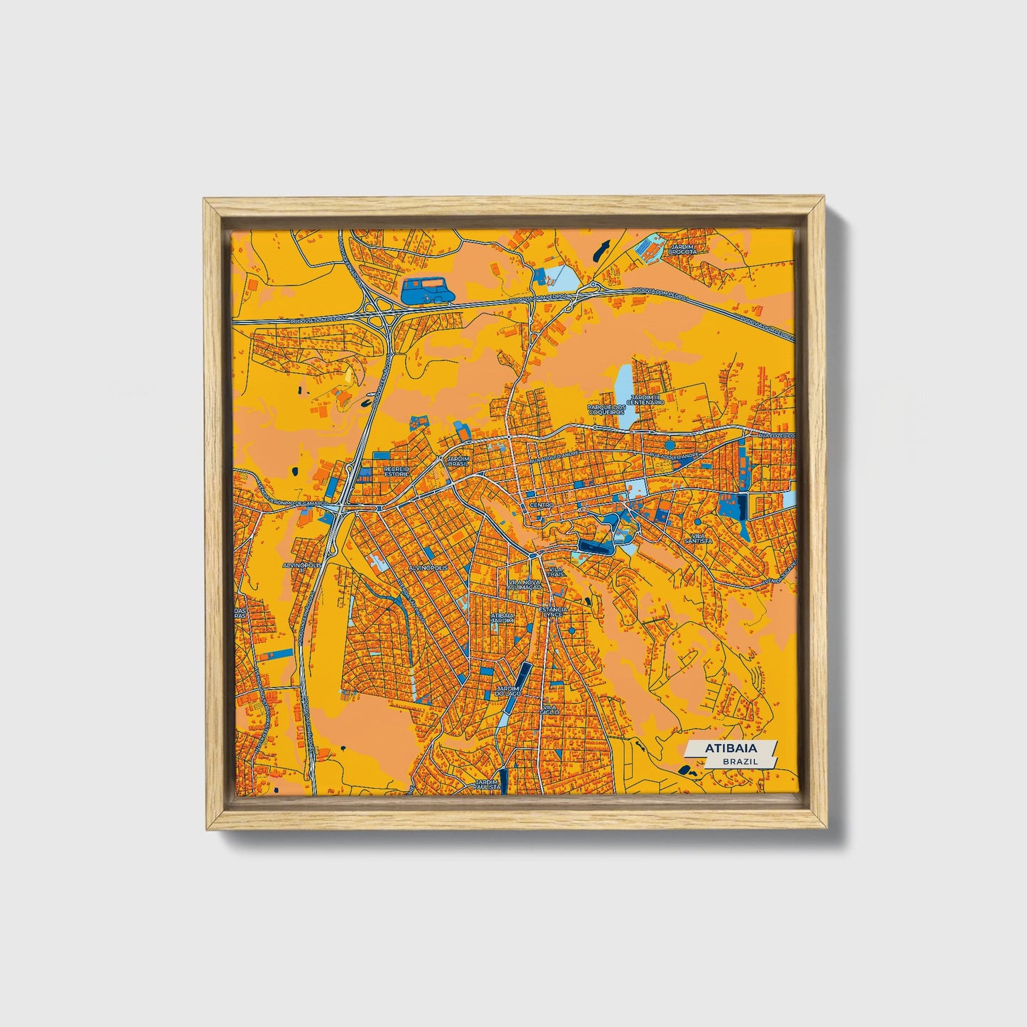 Atibaia Brazil Colorful City Map Canvas Print • Natural Wooden Framed