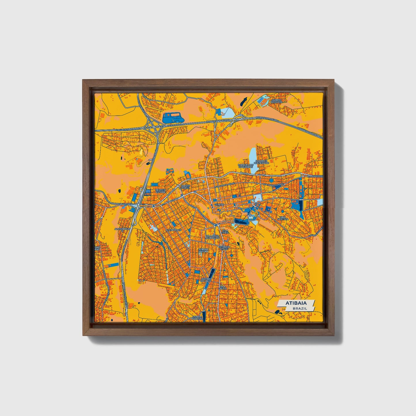 Atibaia Brazil Colorful City Map Canvas Print • Dark Wooden Framed