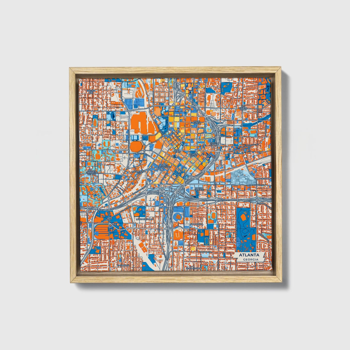 Atlanta Georgia Colorful City Map Canvas Print • Natural Wooden Framed