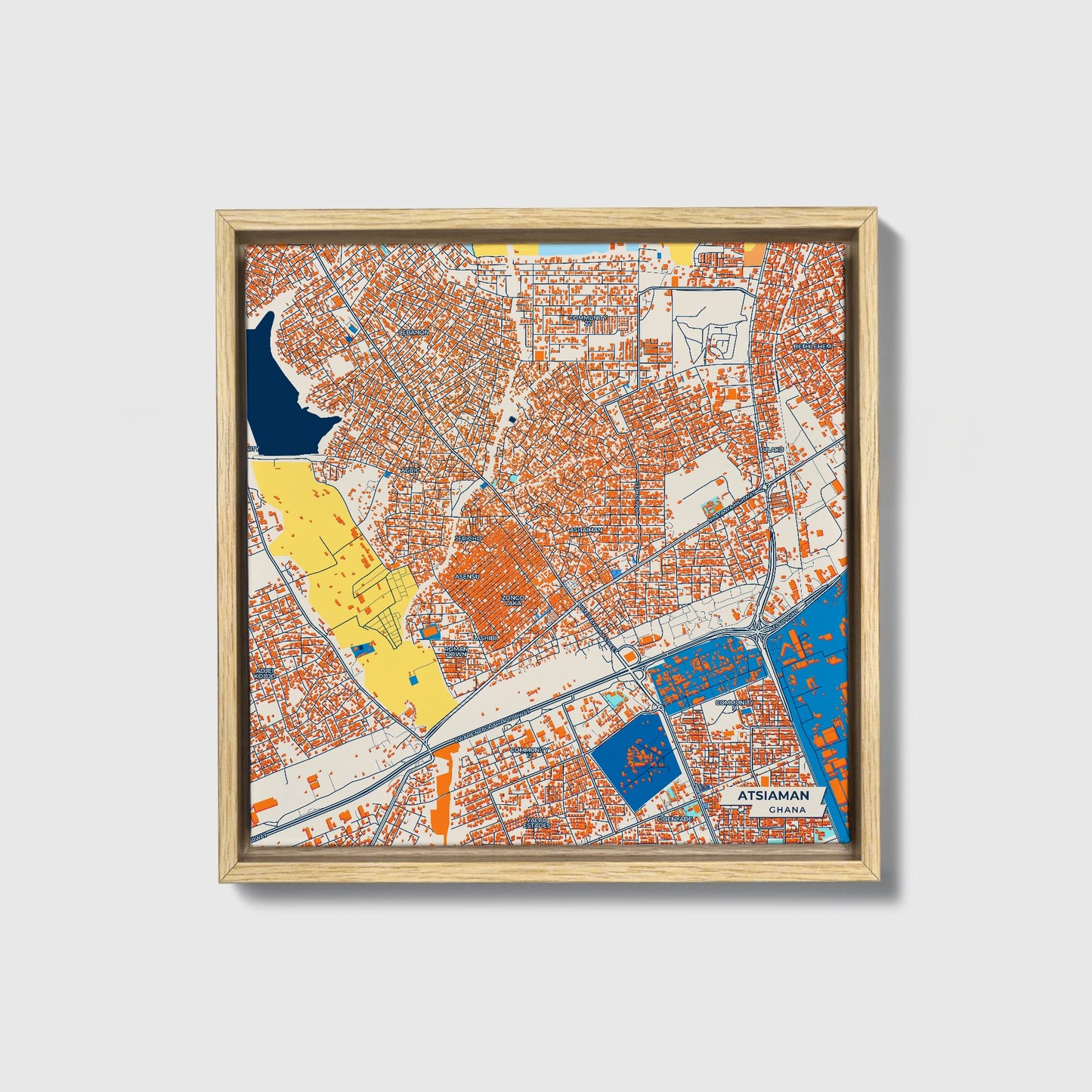 Atsiaman Ghana Colorful City Map Canvas Print • Natural Wooden Framed