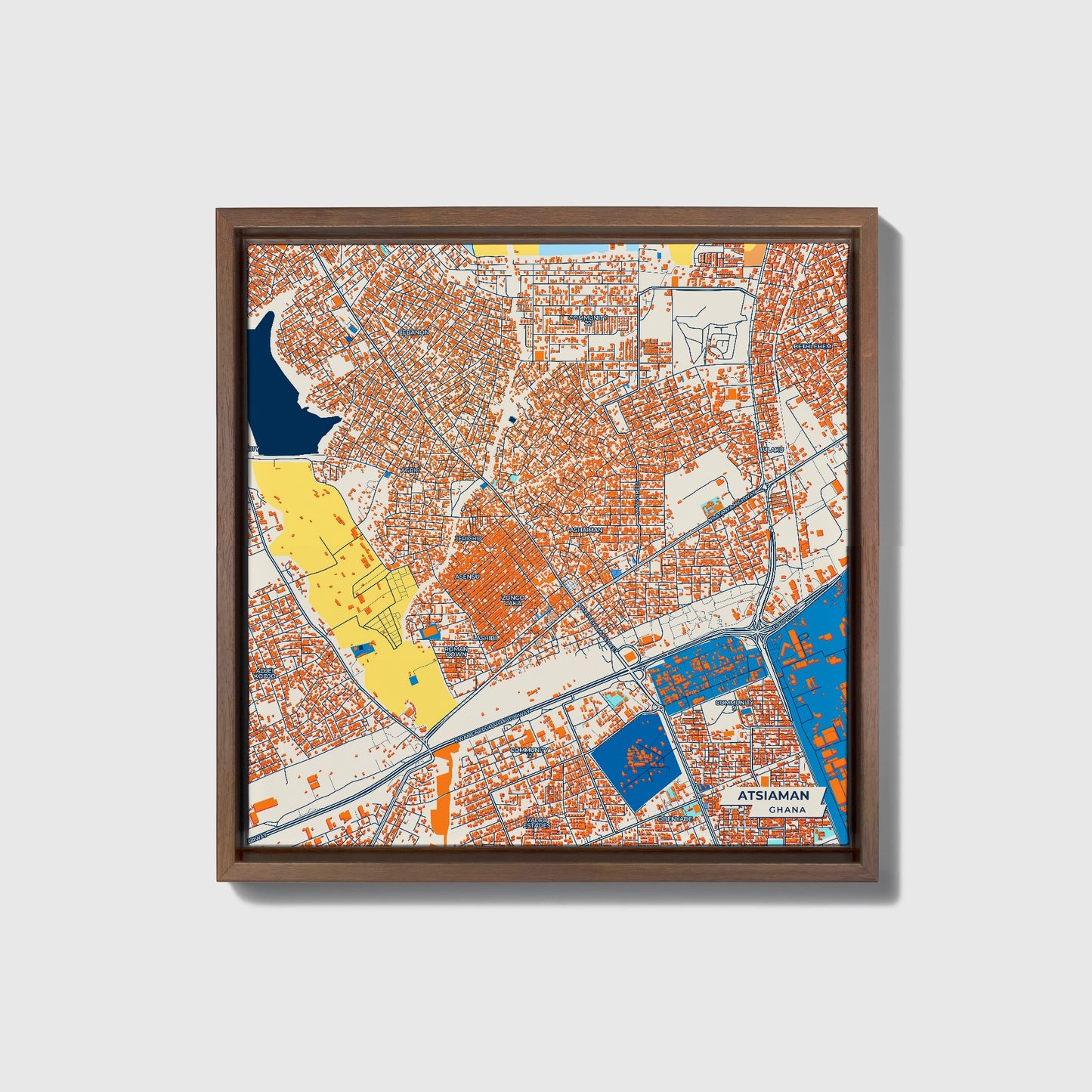 Atsiaman Ghana Colorful City Map Canvas Print • Dark Wooden Framed