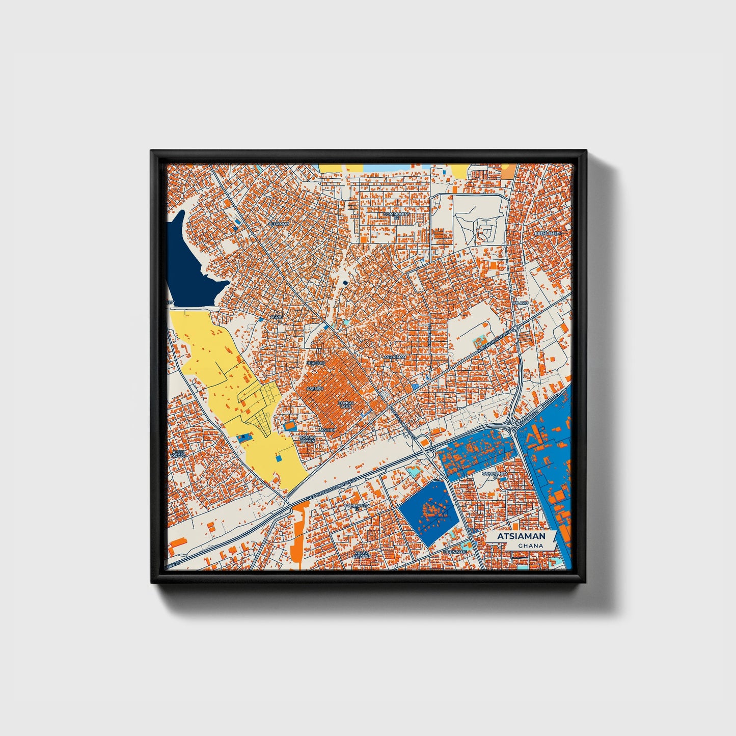 Atsiaman Ghana Colorful City Map Canvas Print • Black Framed