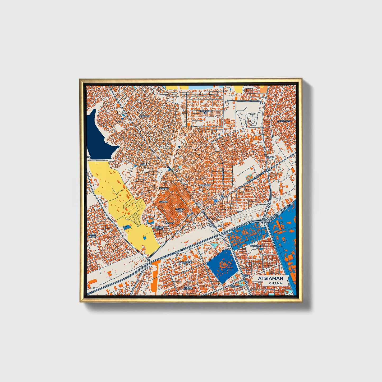 Atsiaman Ghana Colorful City Map Canvas Print • Gold Framed