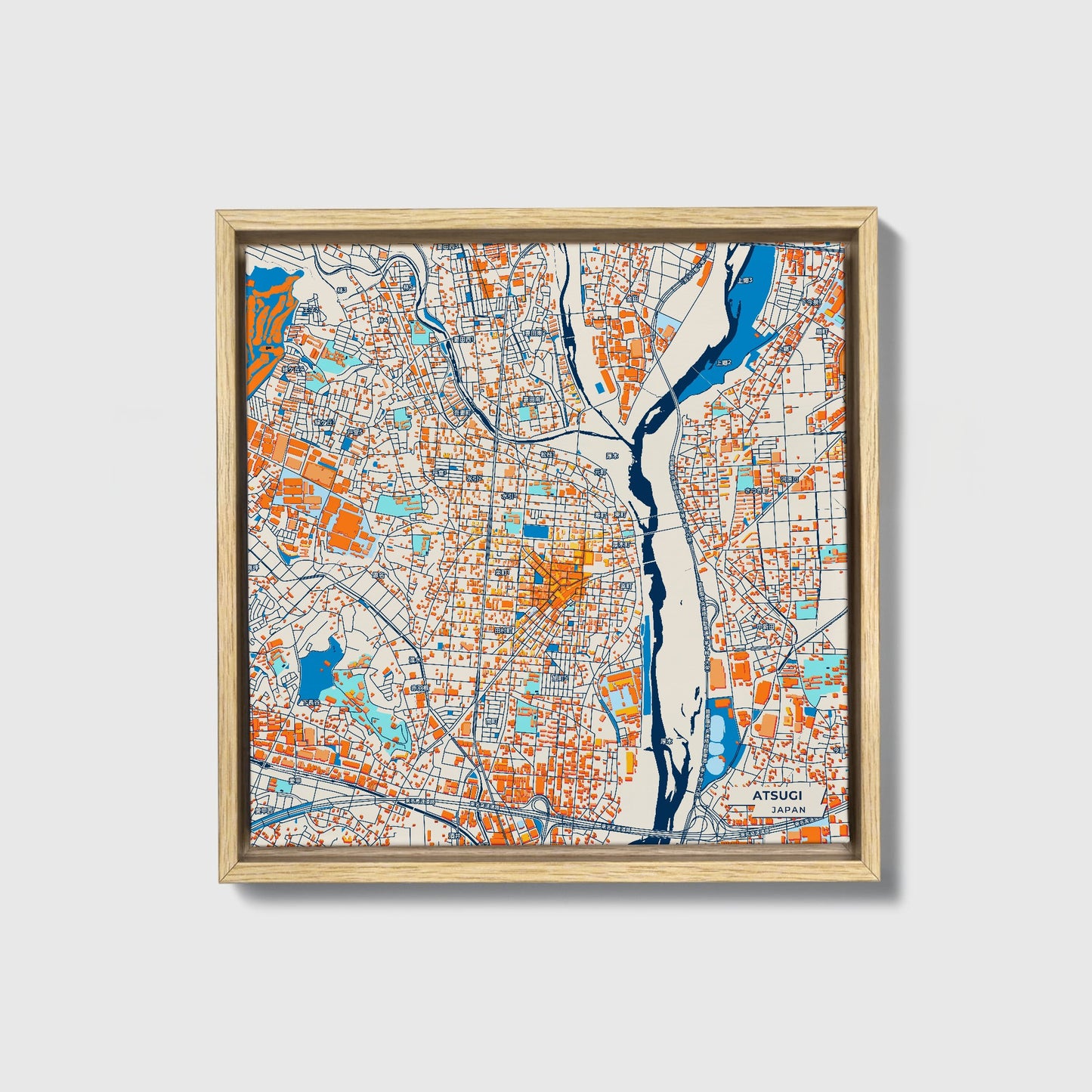 Atsugi Japan Colorful City Map Canvas Print • Natural Wooden Framed