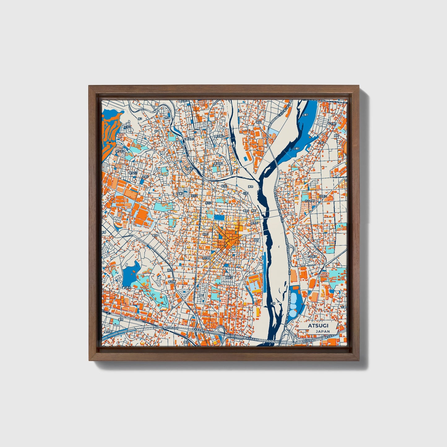 Atsugi Japan Colorful City Map Canvas Print • Dark Wooden Framed