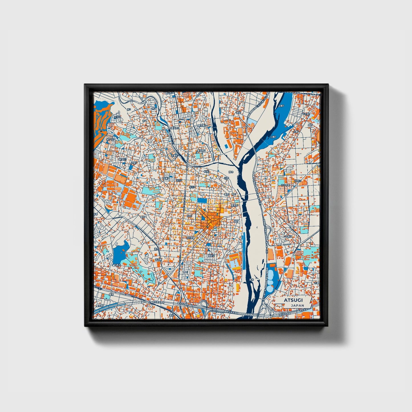 Atsugi Japan Colorful City Map Canvas Print • Black Framed