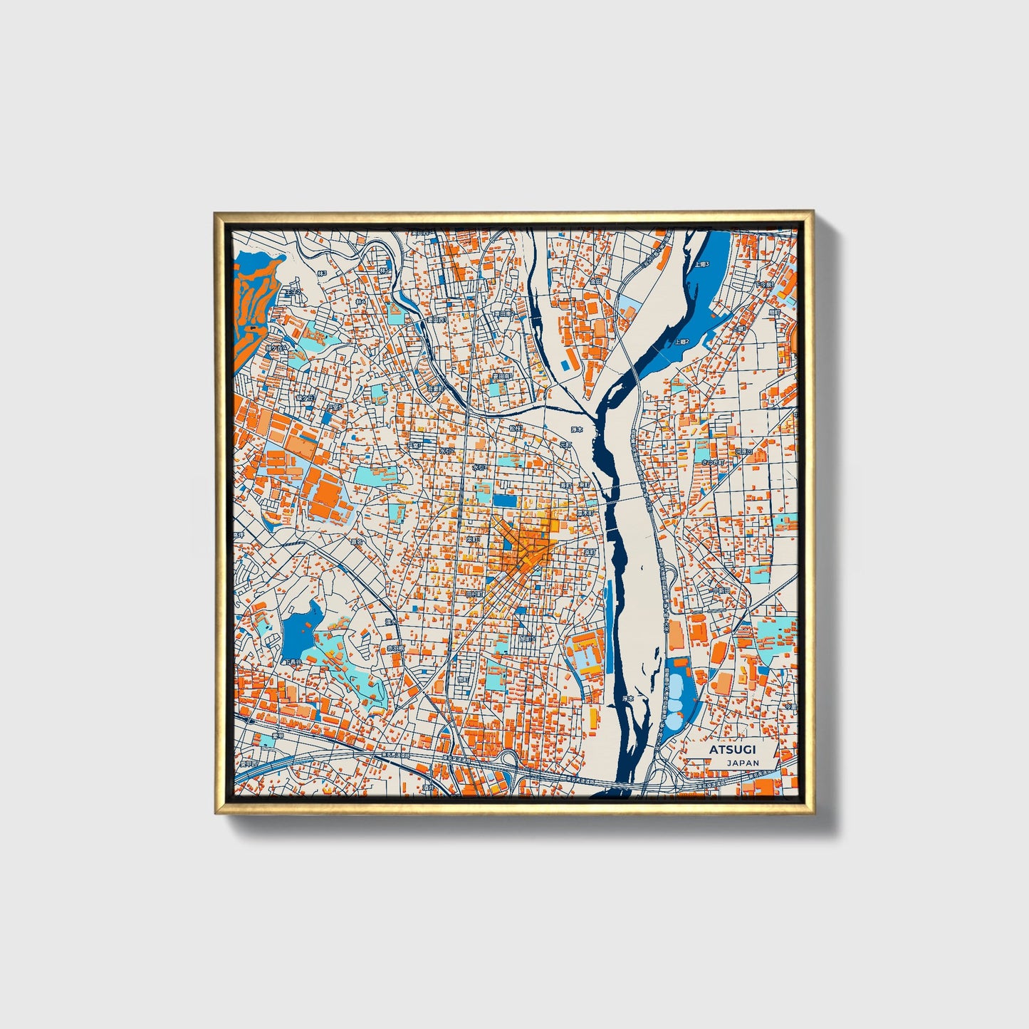 Atsugi Japan Colorful City Map Canvas Print • Gold Framed