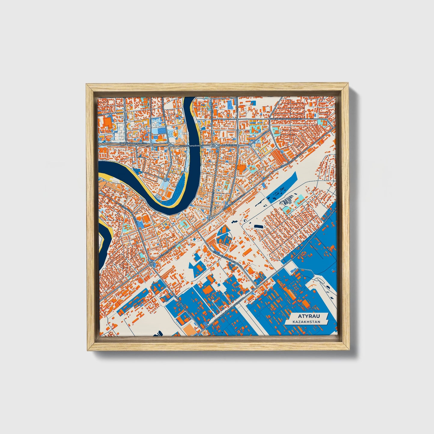 Atyrau Kazakhstan Colorful City Map Canvas Print • Natural Wooden Framed