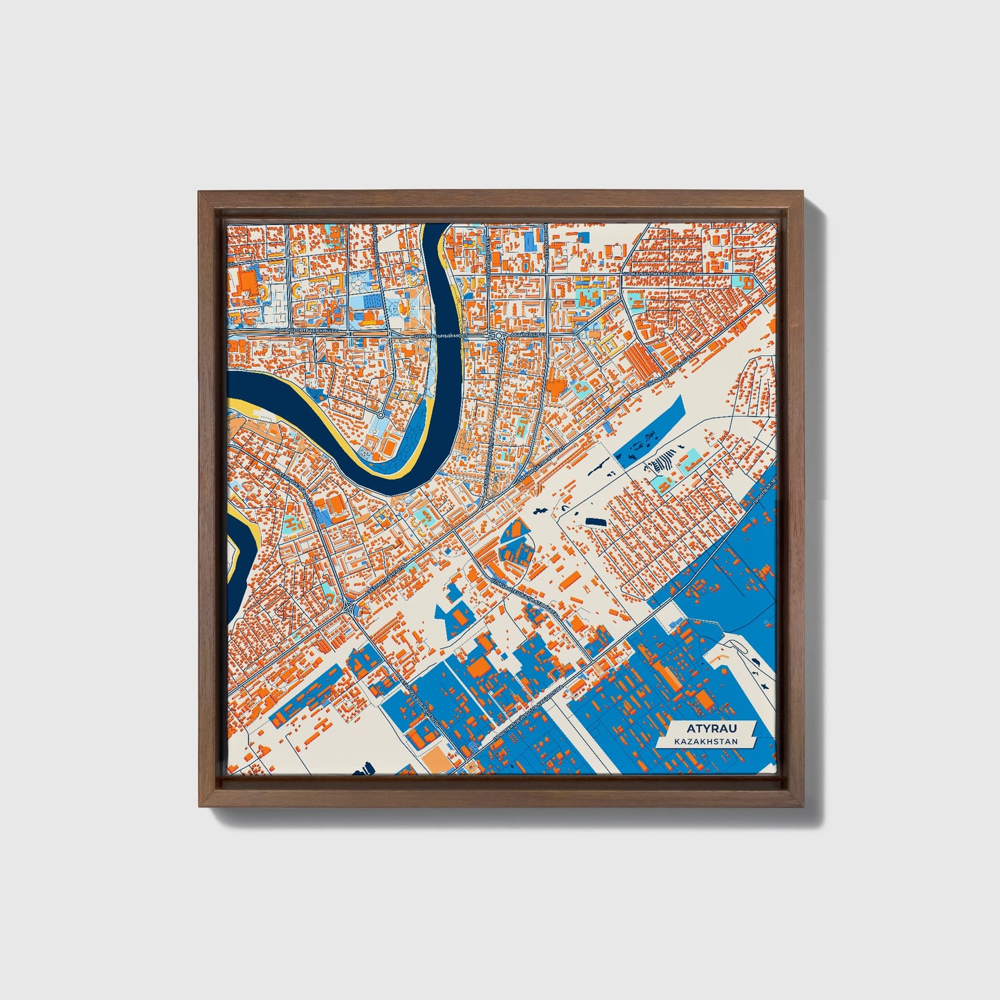 Atyrau Kazakhstan Colorful City Map Canvas Print • Dark Wooden Framed