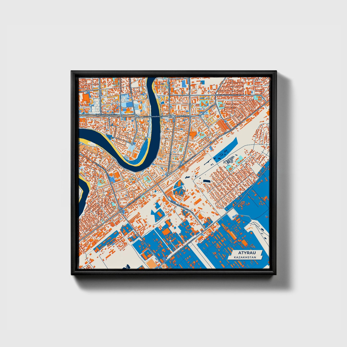 Atyrau Kazakhstan Colorful City Map Canvas Print • Black Framed