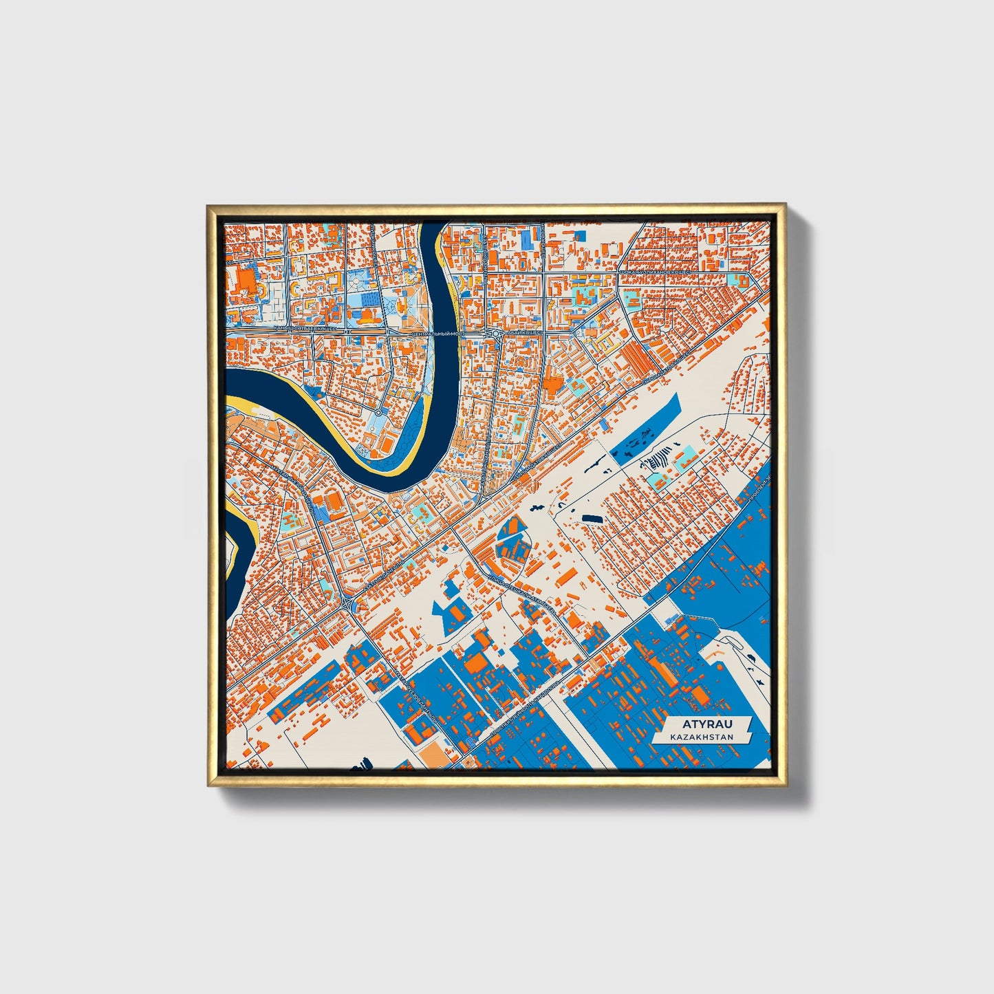 Atyrau Kazakhstan Colorful City Map Canvas Print • Gold Framed