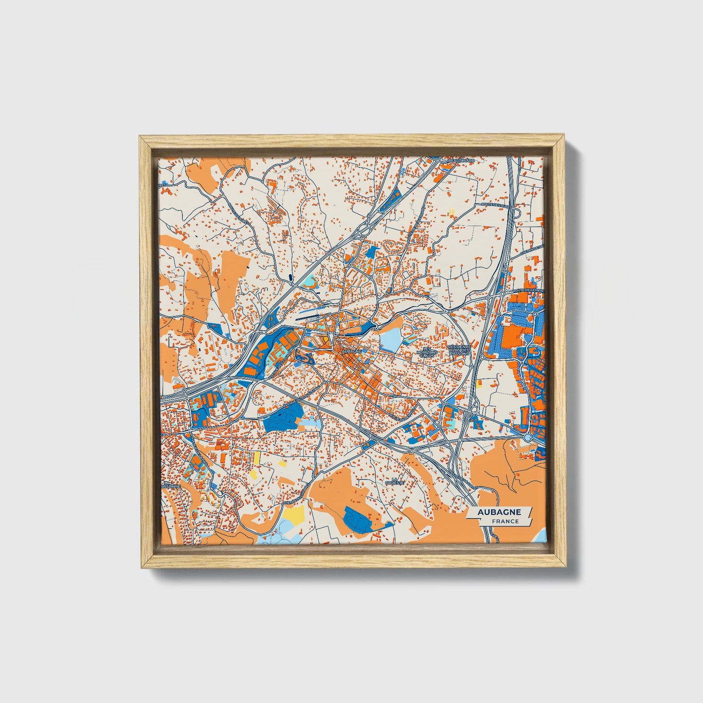 Aubagne France Colorful City Map Canvas Print • Natural Wooden Framed