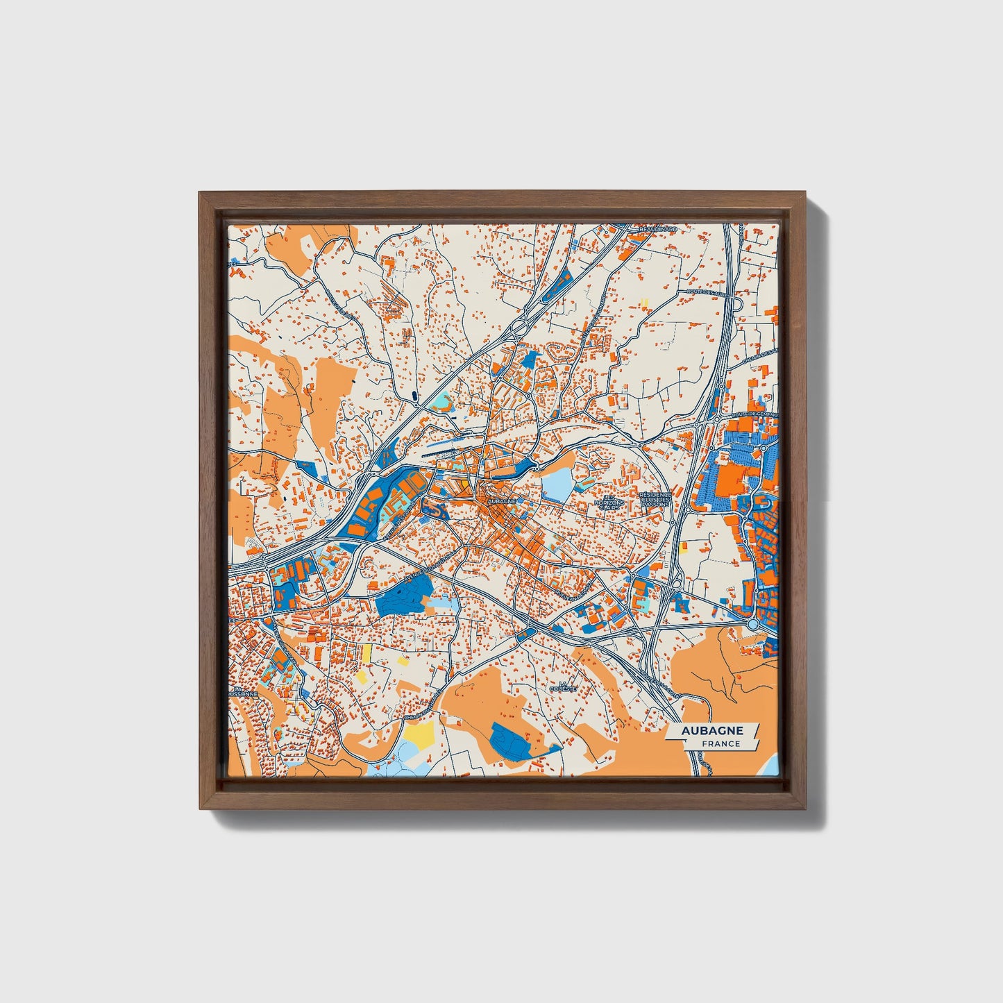 Aubagne France Colorful City Map Canvas Print • Dark Wooden Framed