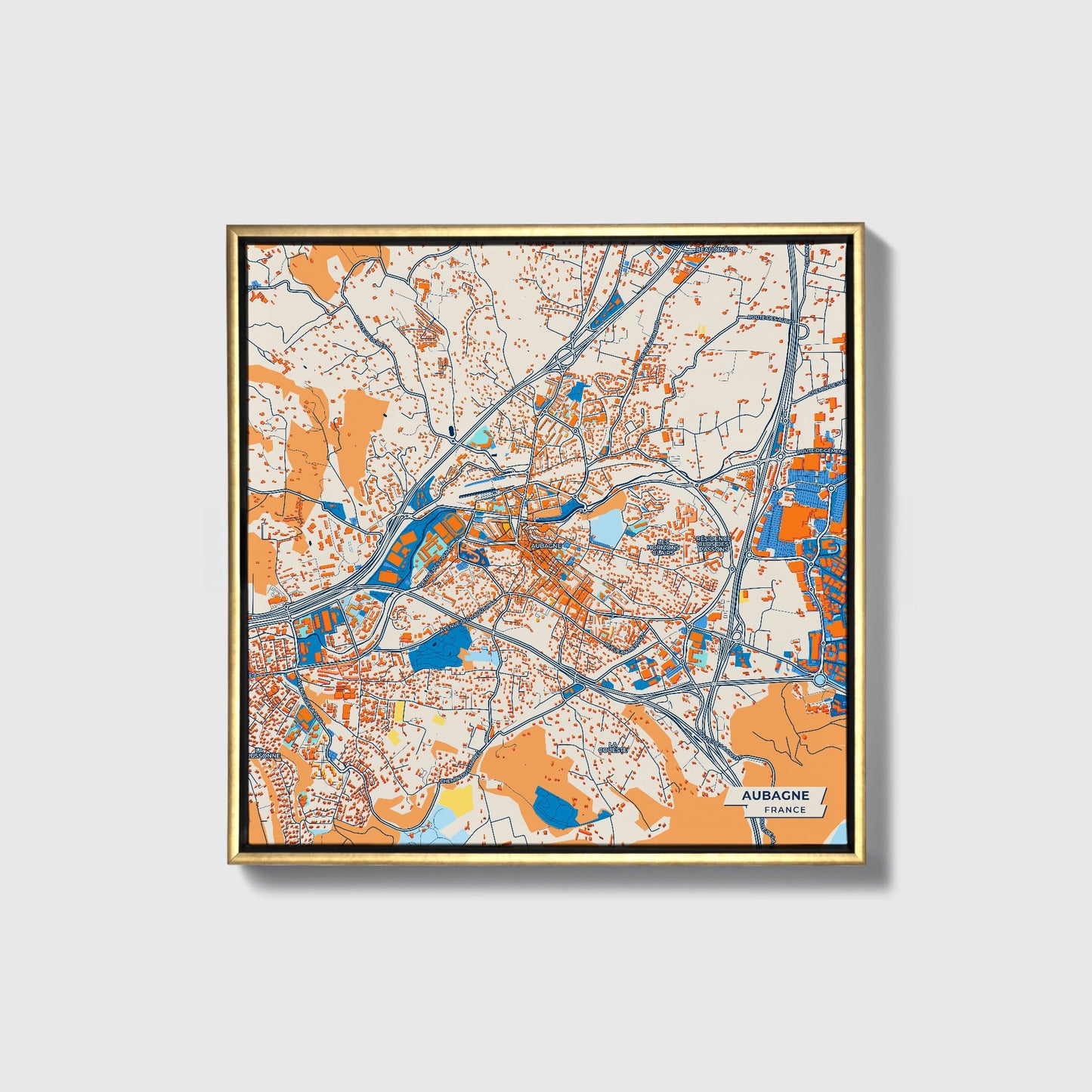 Aubagne France Colorful City Map Canvas Print • Gold Framed