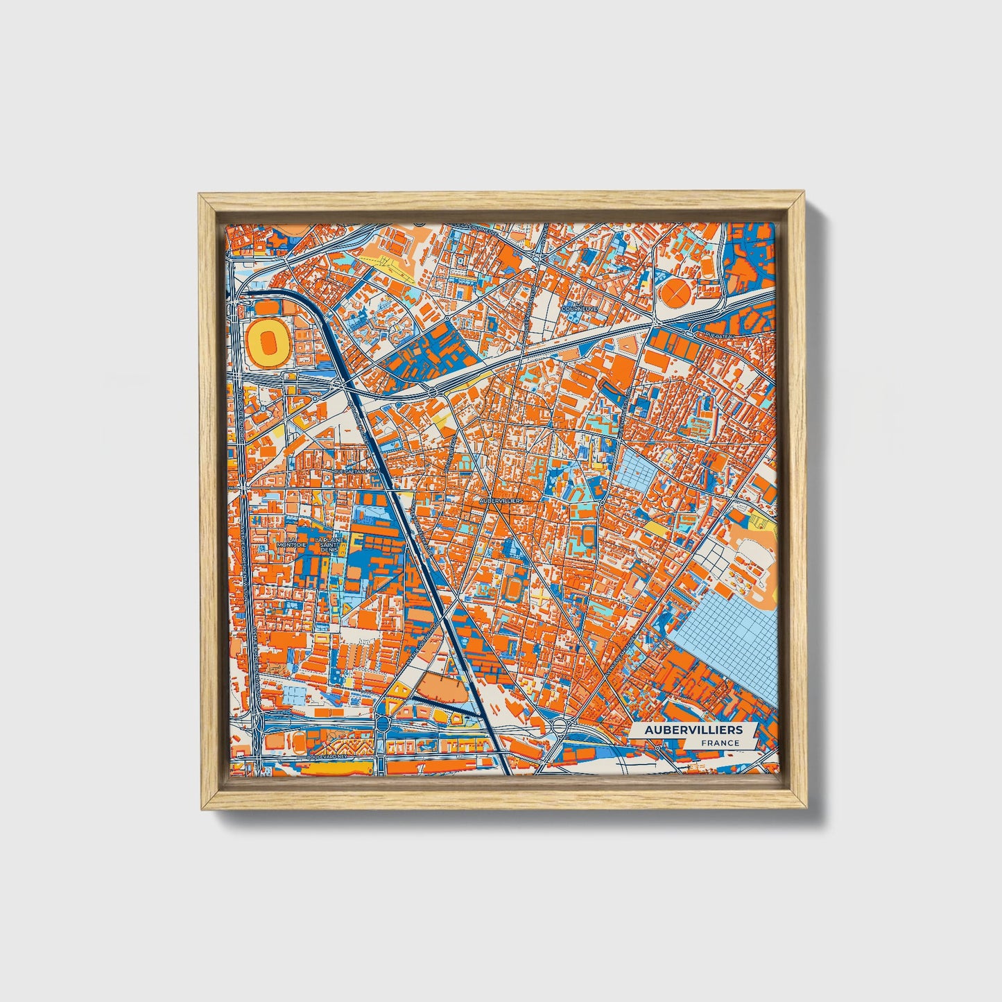Aubervilliers France Colorful City Map Canvas Print • Natural Wooden Framed