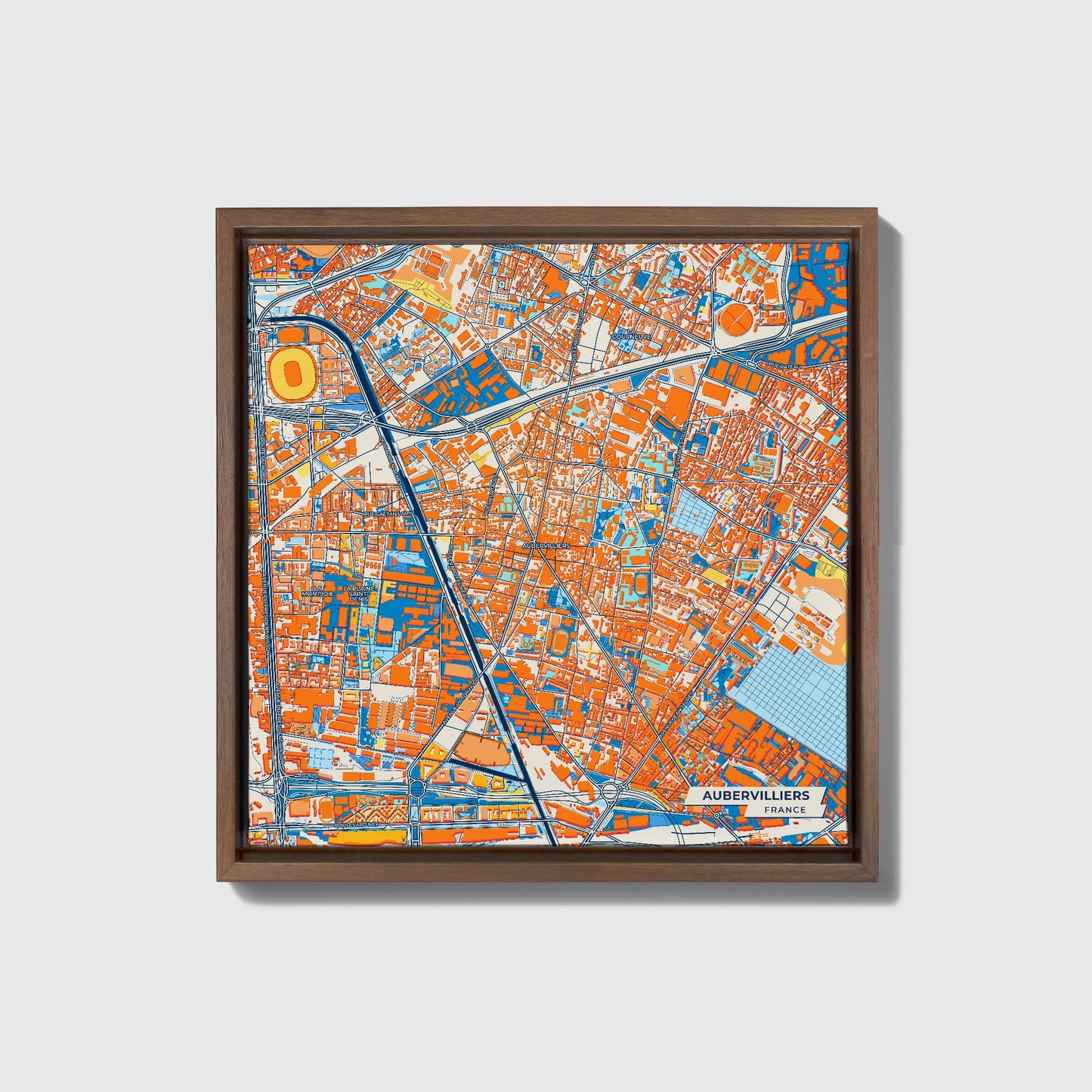 Aubervilliers France Colorful City Map Canvas Print • Dark Wooden Framed