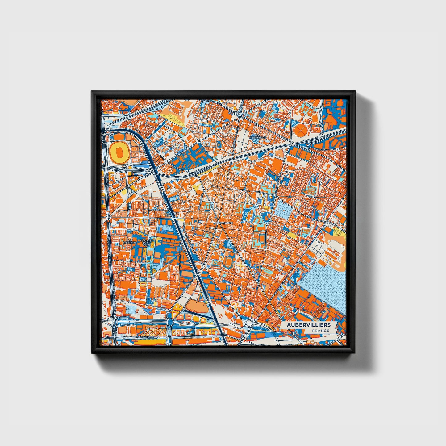 Aubervilliers France Colorful City Map Canvas Print • Black Framed