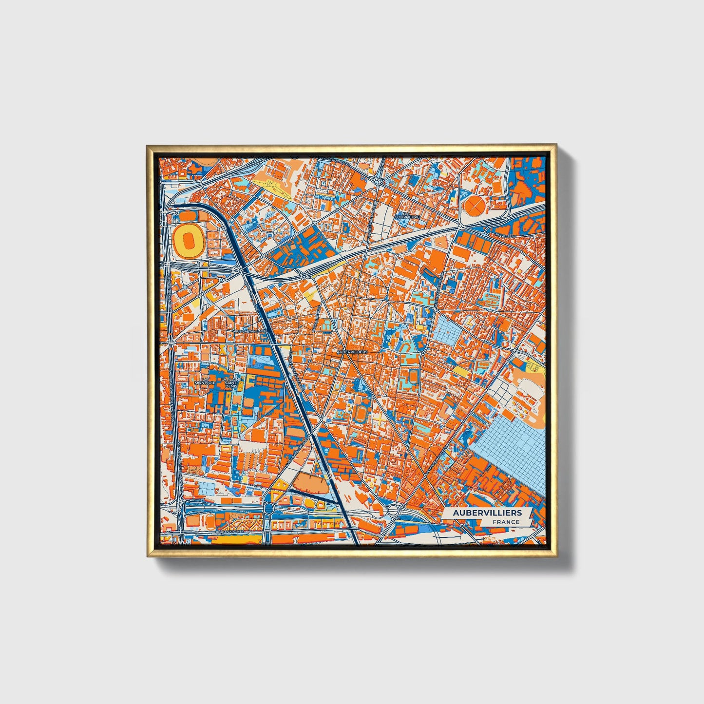 Aubervilliers France Colorful City Map Canvas Print • Gold Framed