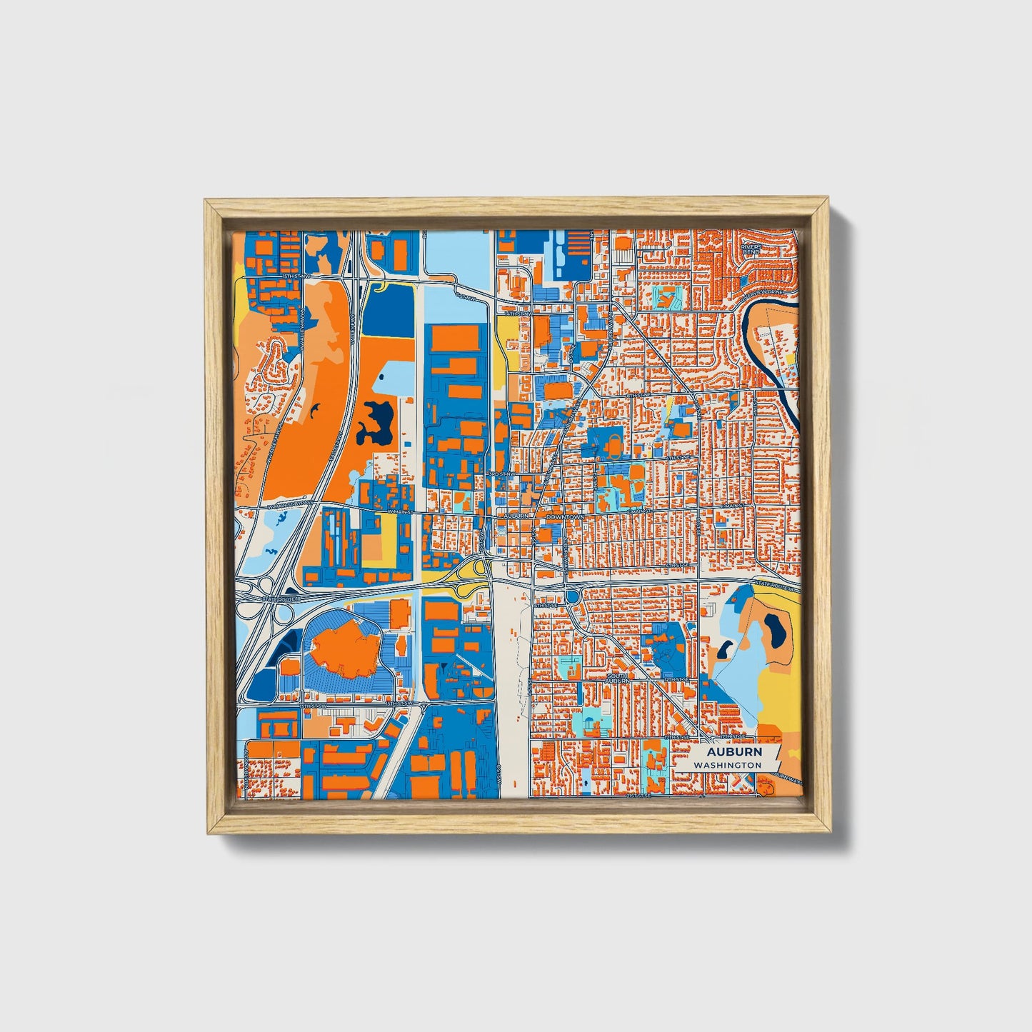Auburn Washington Colorful City Map Canvas Print • Natural Wooden Framed