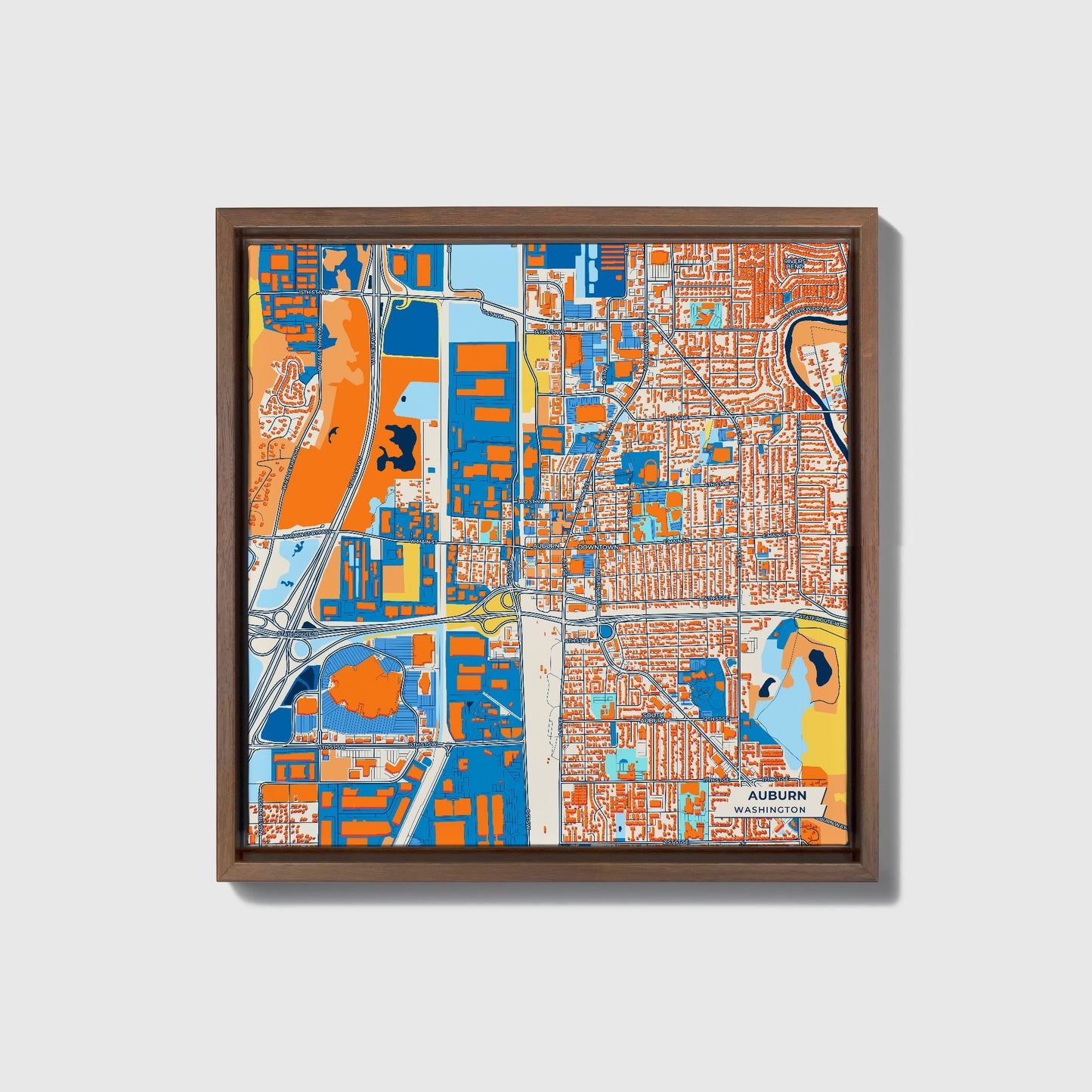 Auburn Washington Colorful City Map Canvas Print • Dark Wooden Framed