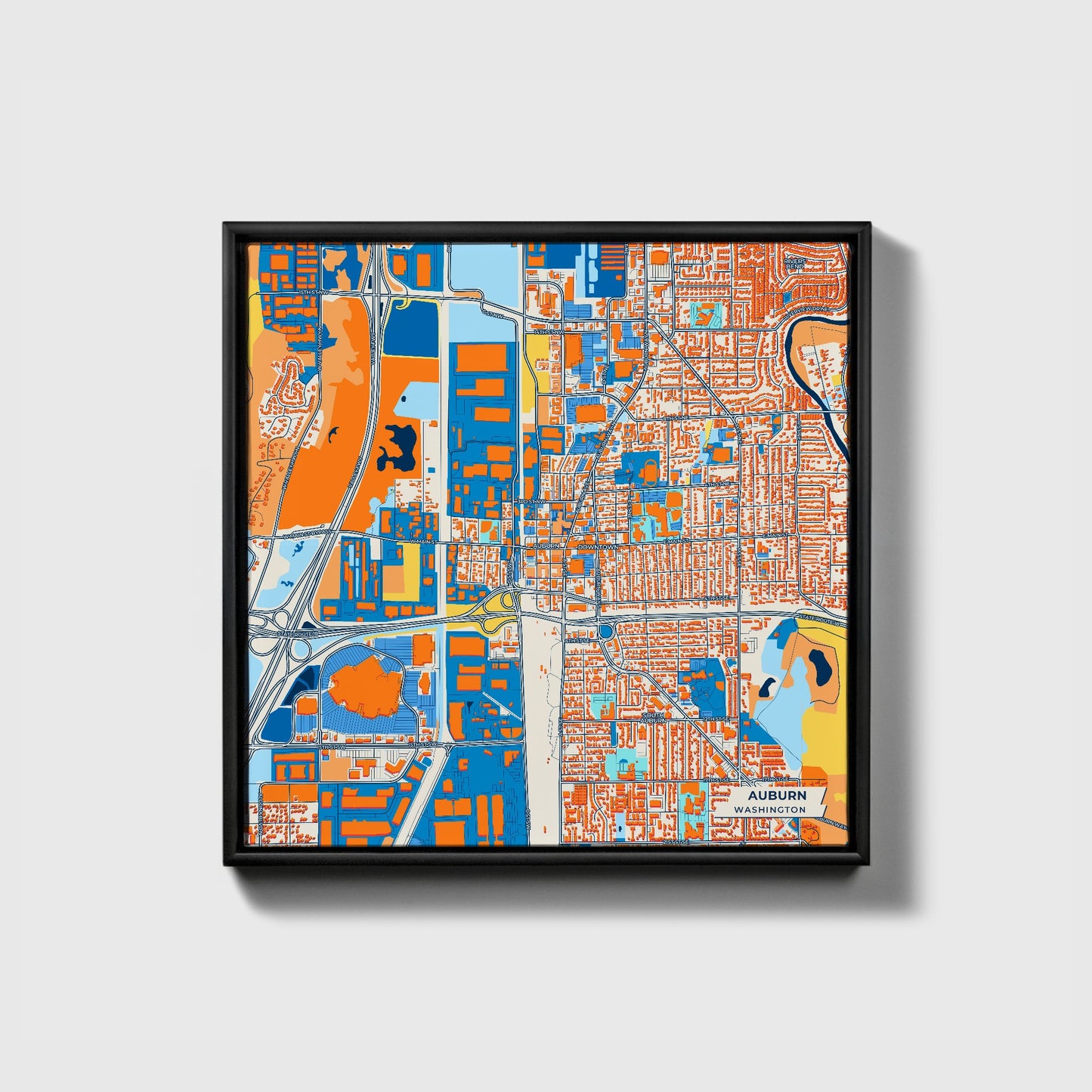Auburn Washington Colorful City Map Canvas Print • Black Framed