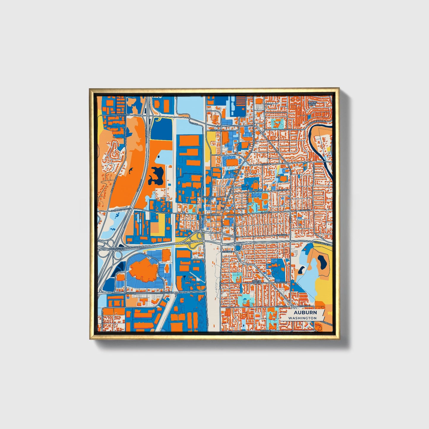 Auburn Washington Colorful City Map Canvas Print • Gold Framed