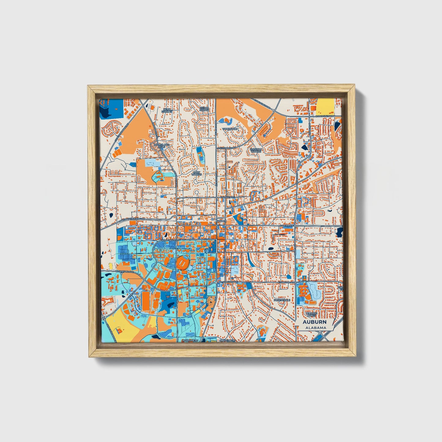 Auburn Alabama Colorful City Map Canvas Print • Natural Wooden Framed