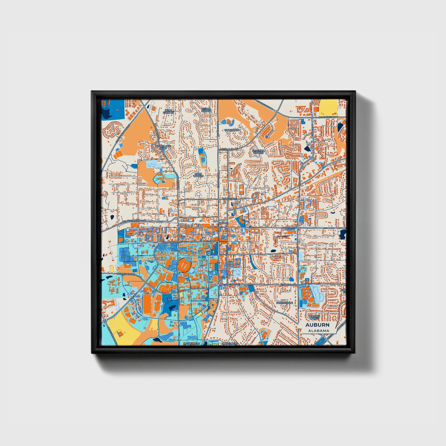 Auburn Alabama Colorful City Map Canvas Print • Black Framed