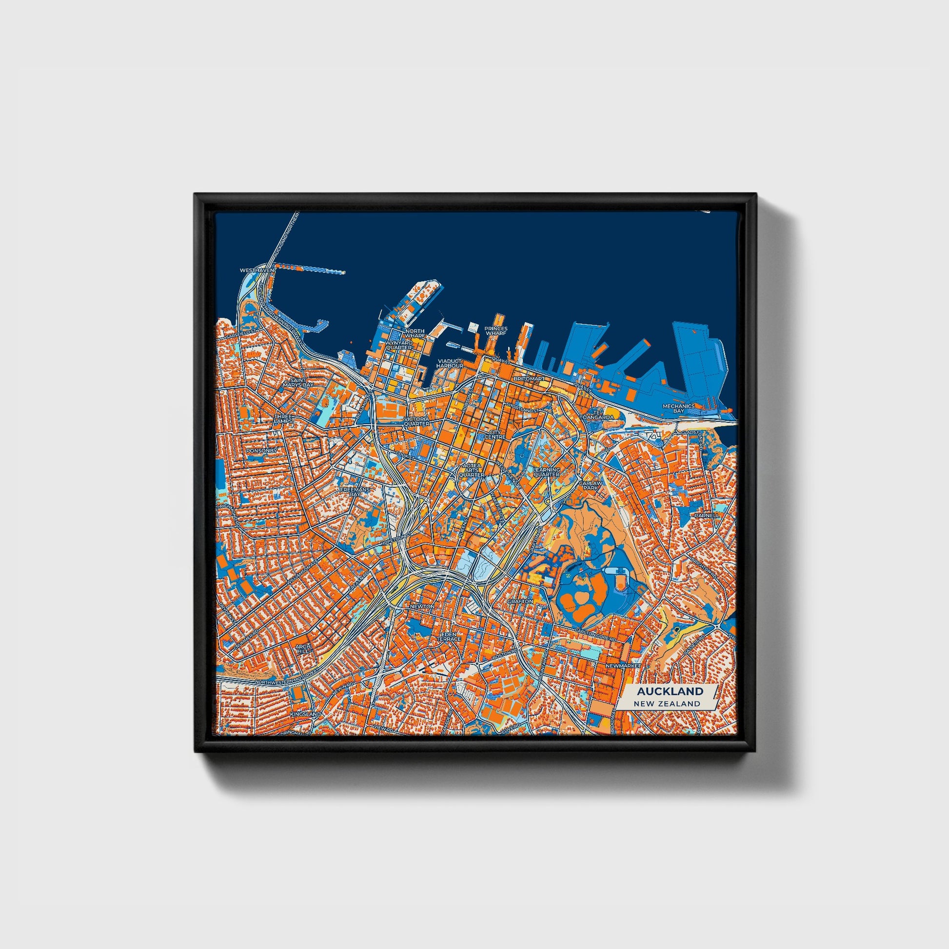 Auckland New Zealand Colorful City Map Canvas Print • Black Framed