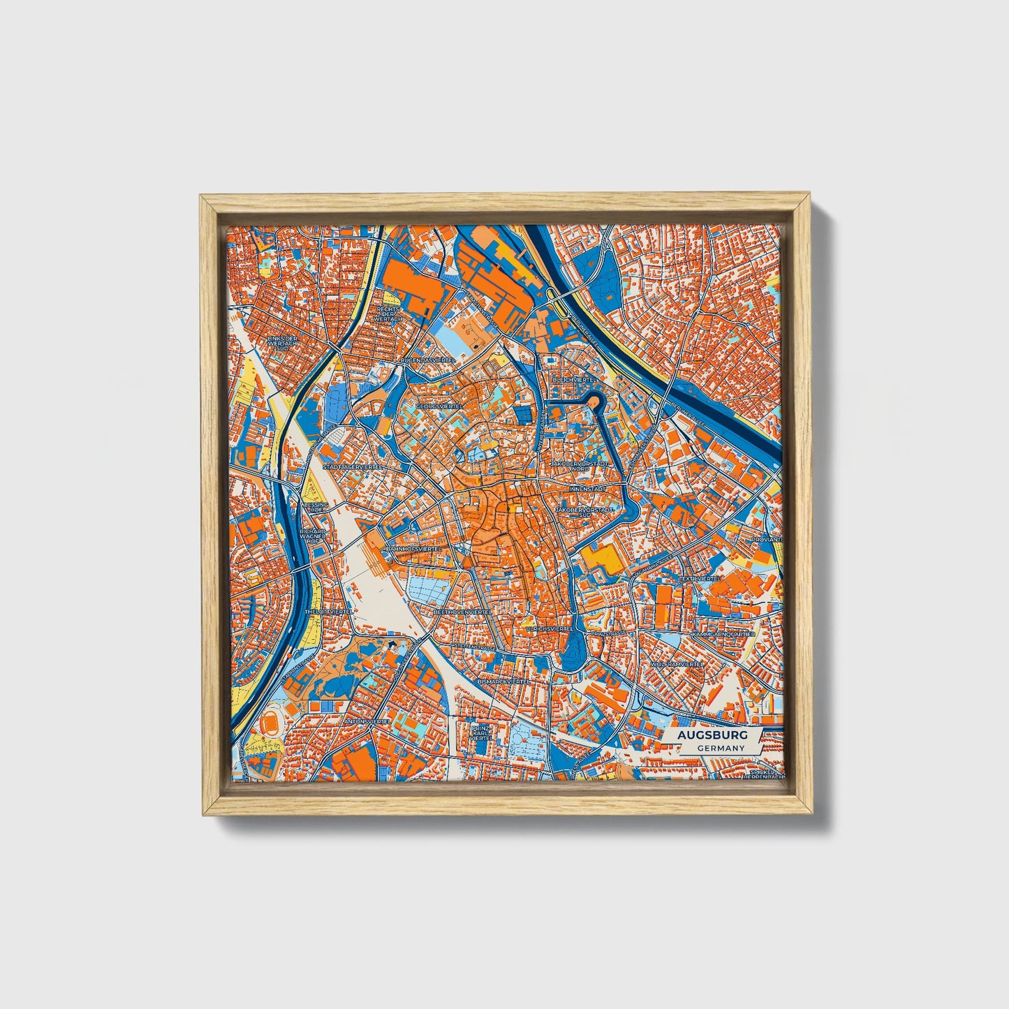 Augsburg Germany Colorful City Map Canvas Print • Natural Wooden Framed